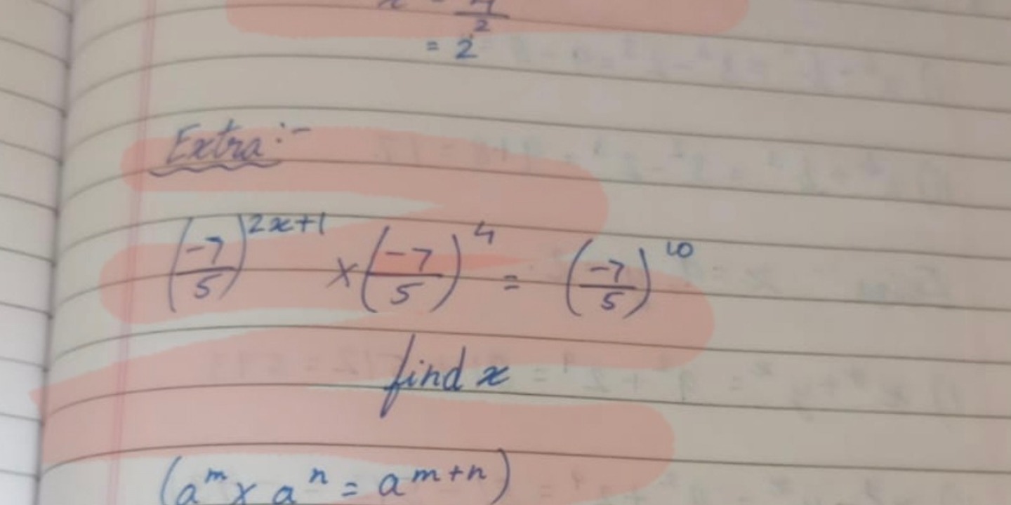 Extre:-
(5−7​)2x+1×(5−7​)4=(5−7​)60
find x
(am×an=am+n)