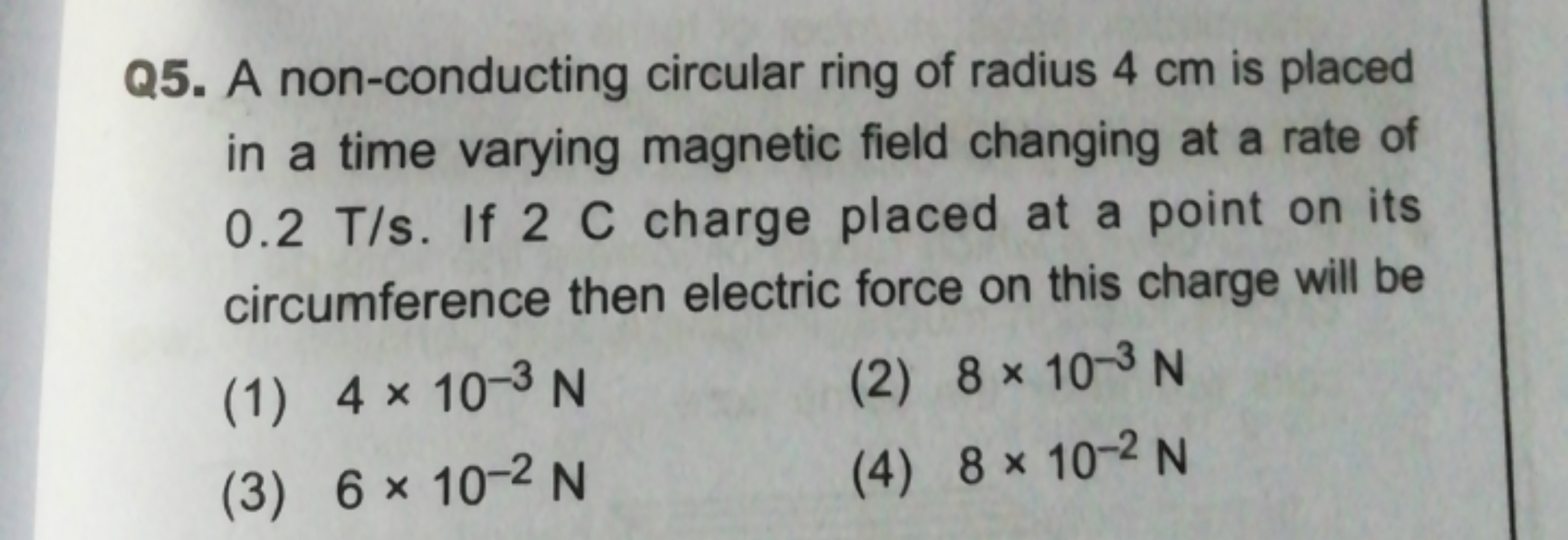 Q5. A non-conducting circular ring of radius 4 cm is placed in a time 