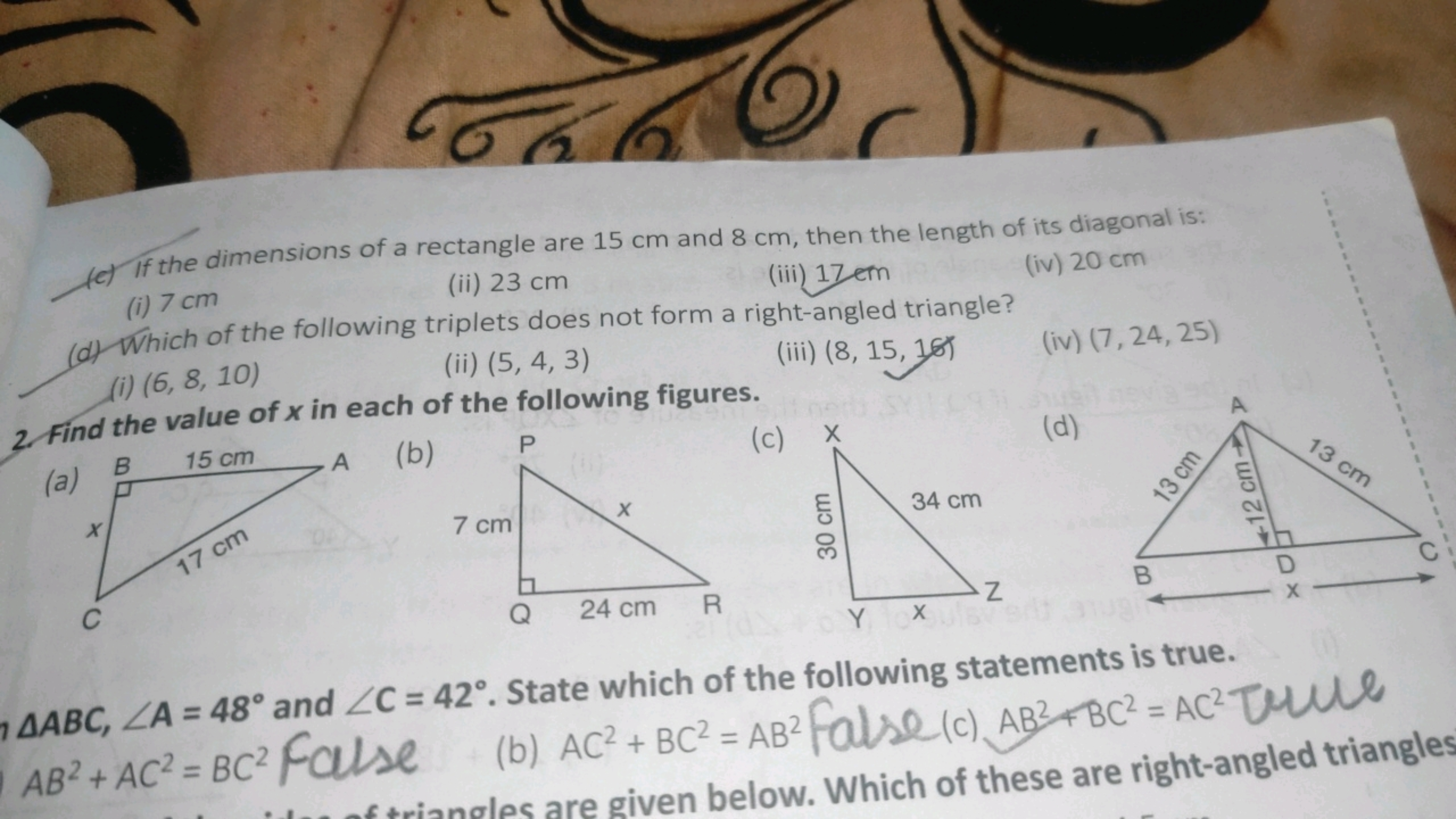 (e) If the dimensions of a rectangle are 15 cm and 8 cm , then the len