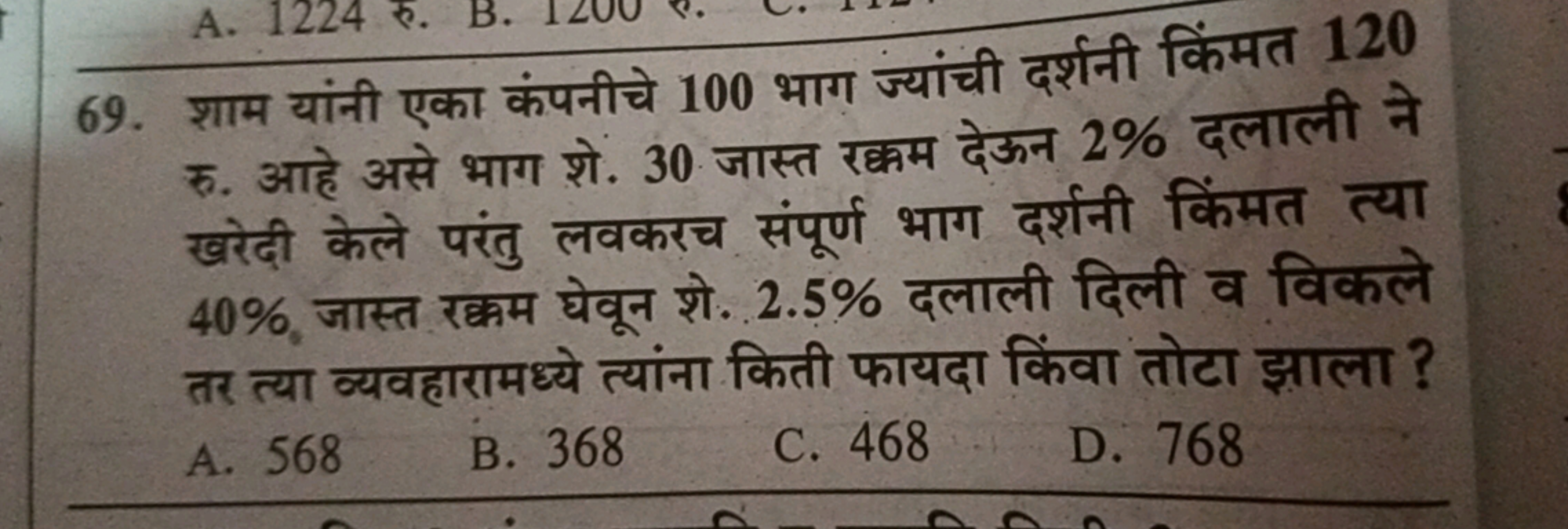 69. शाम यांनी एका कंपनीचे 100 भाग ज्यांची दर्शनी किंमत 120 रु. आहे असे