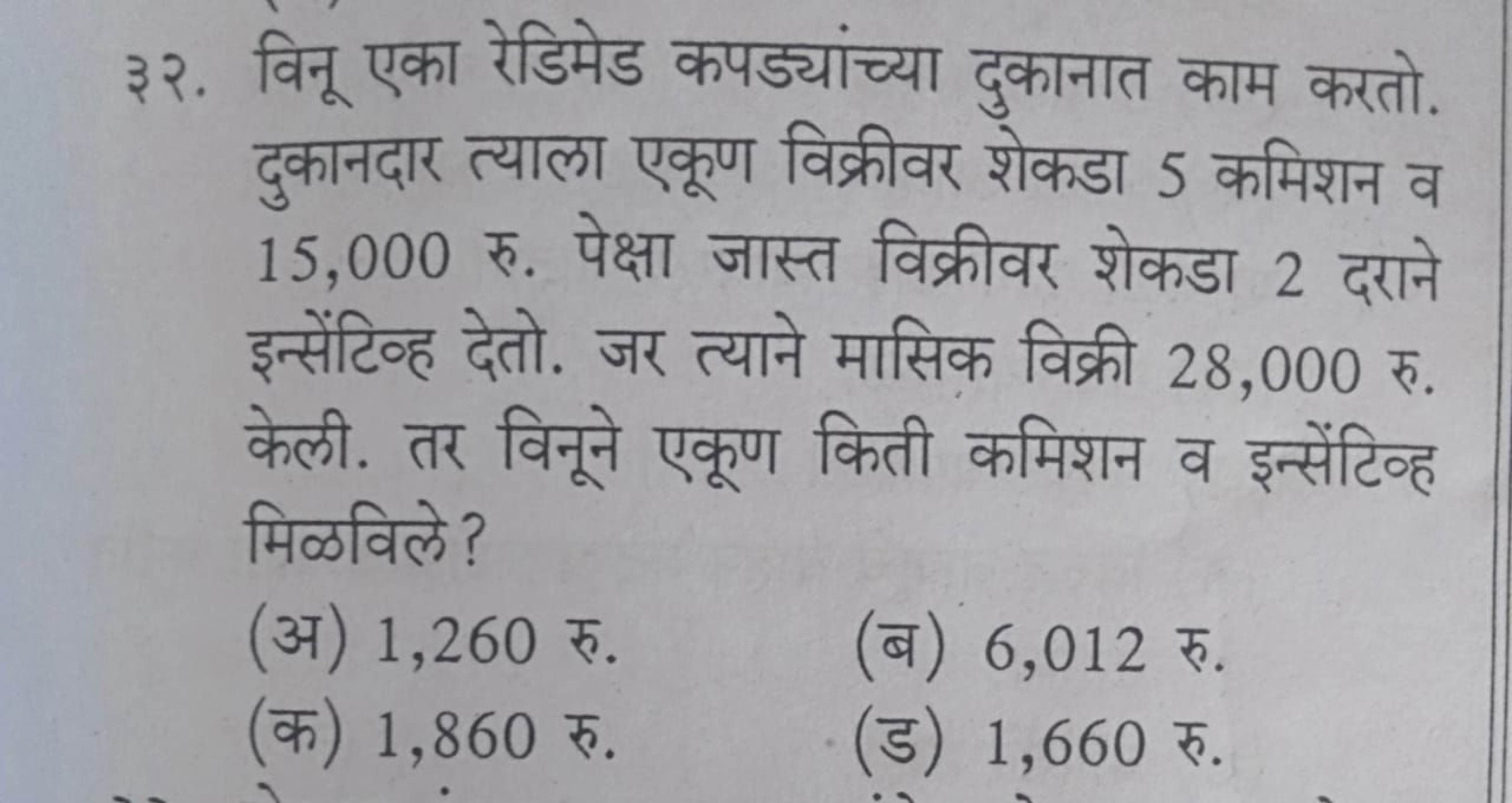 ३२. विनू एका रेडिमेड कपङ्यांच्या दुकानात काम करतो. दुकानदार त्याला एकू