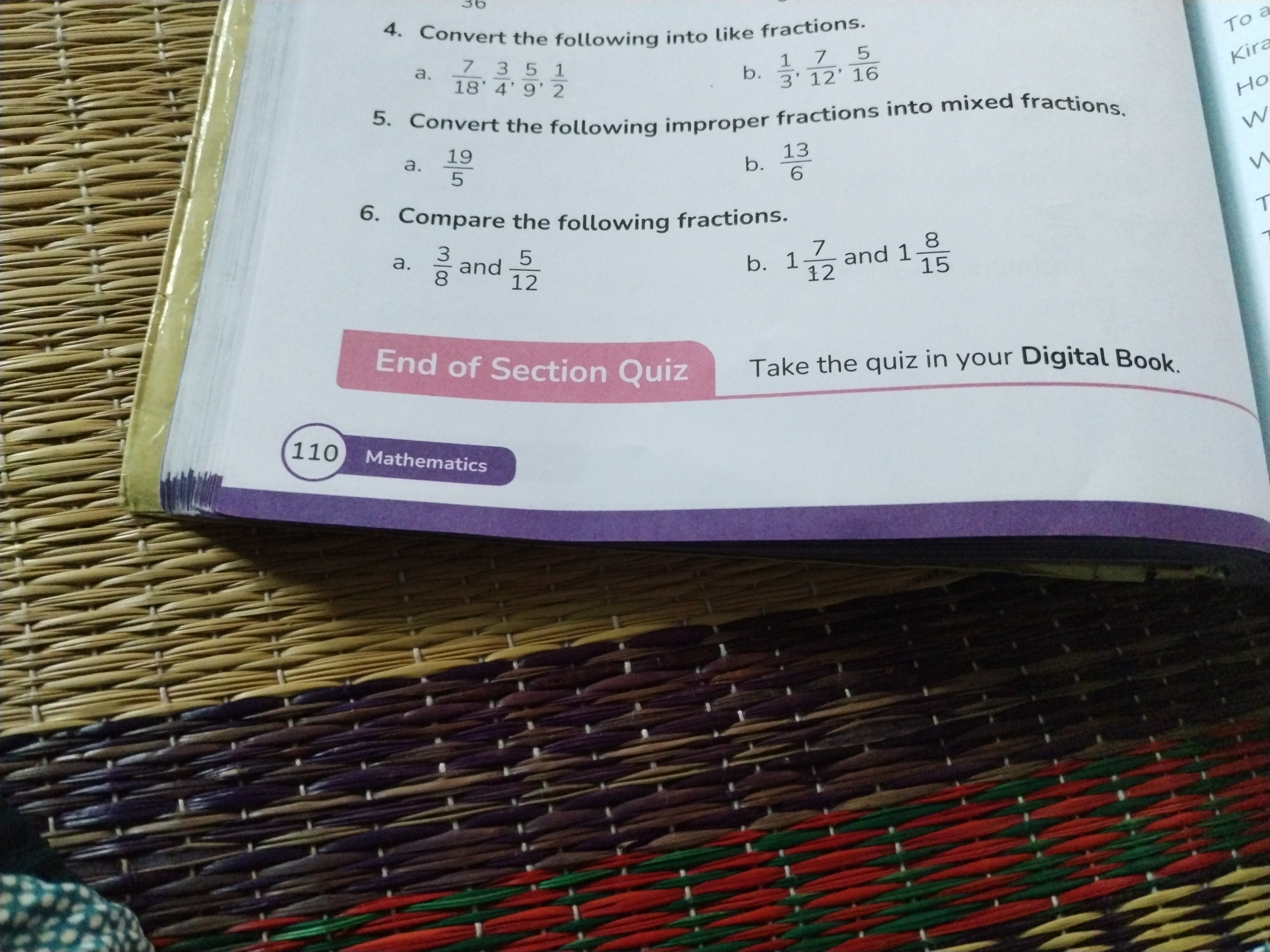 4. Convert the following into like fractions.
a. 187​,43​,95​,21​
b. 3