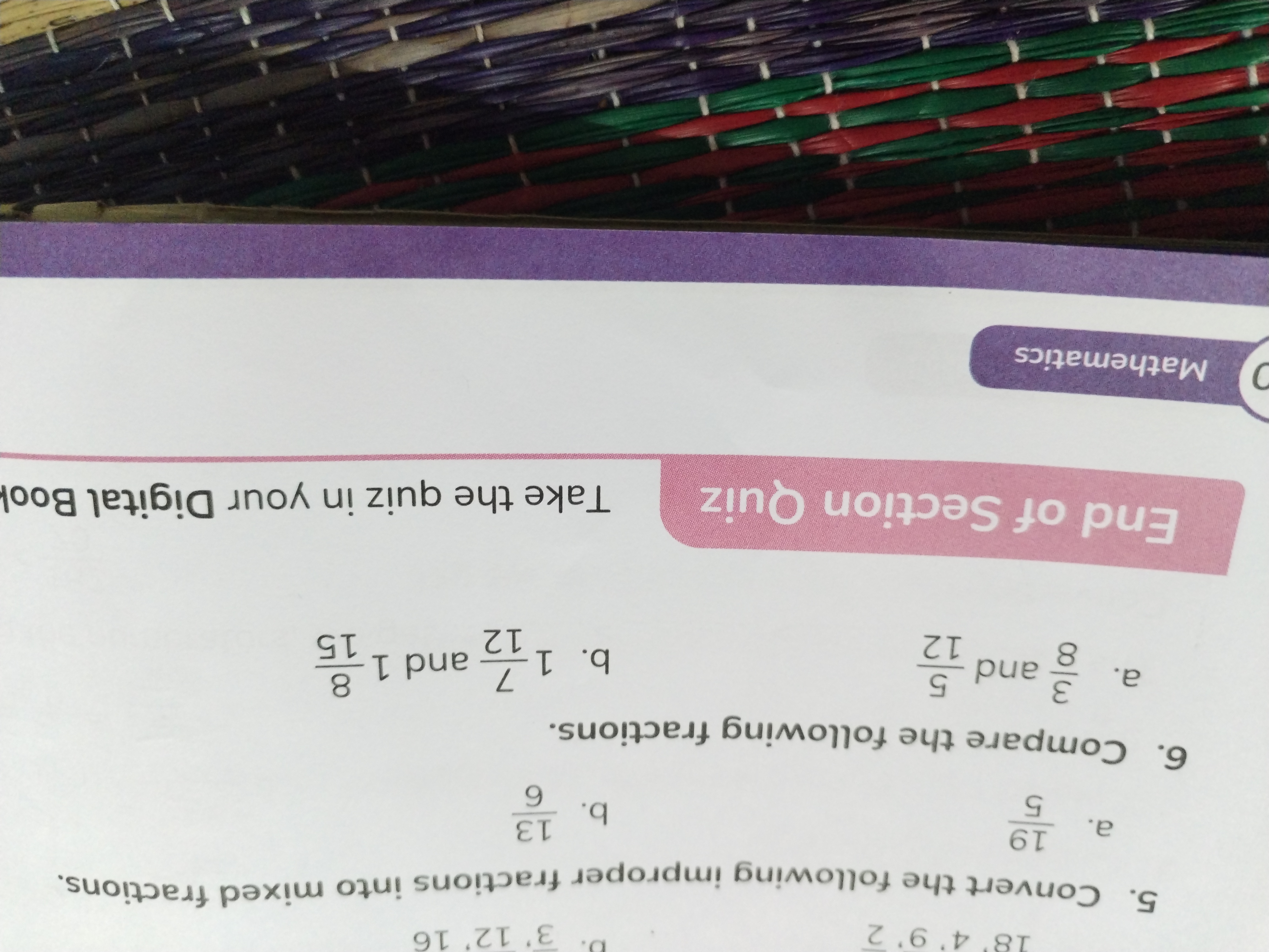 5. Convert the following improper fractions into mixed fractions.
a. 5