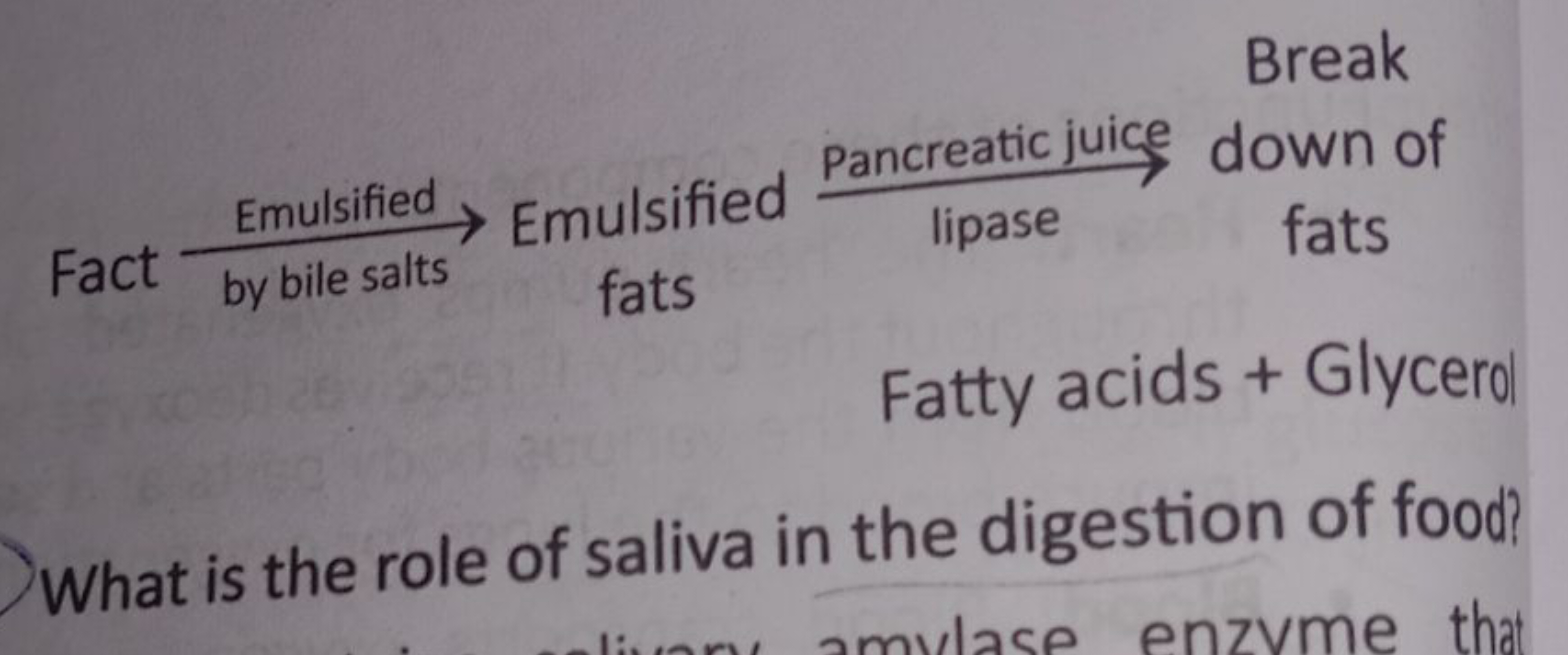 Break
Fact
>
by bile salts
fats
Emulsified Emulsified Pancreatic juice