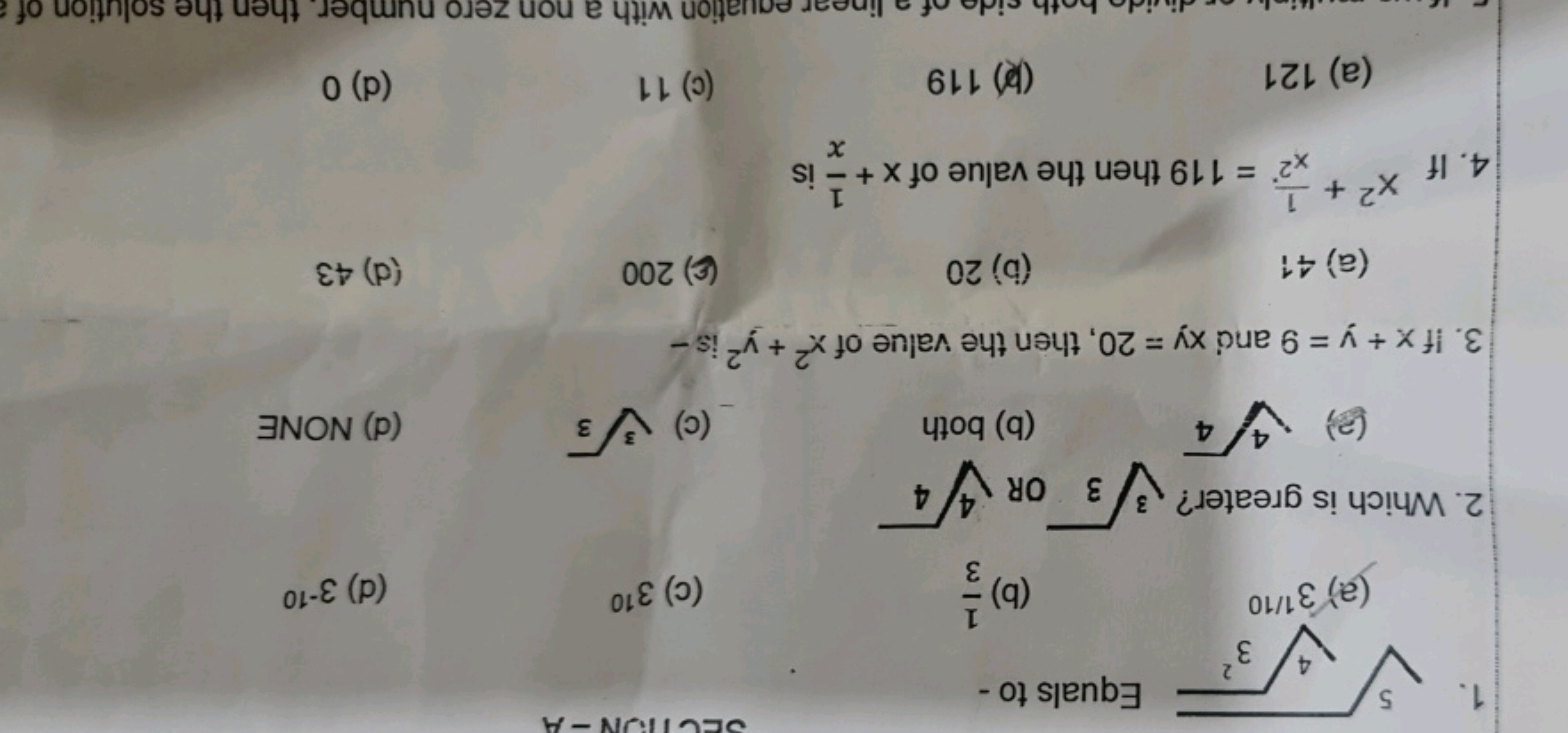 1.
C=CCCCC
Equals to -
(a) 31/10
(b) 31​
(c) 310
(d) 3−10
2. Which is 