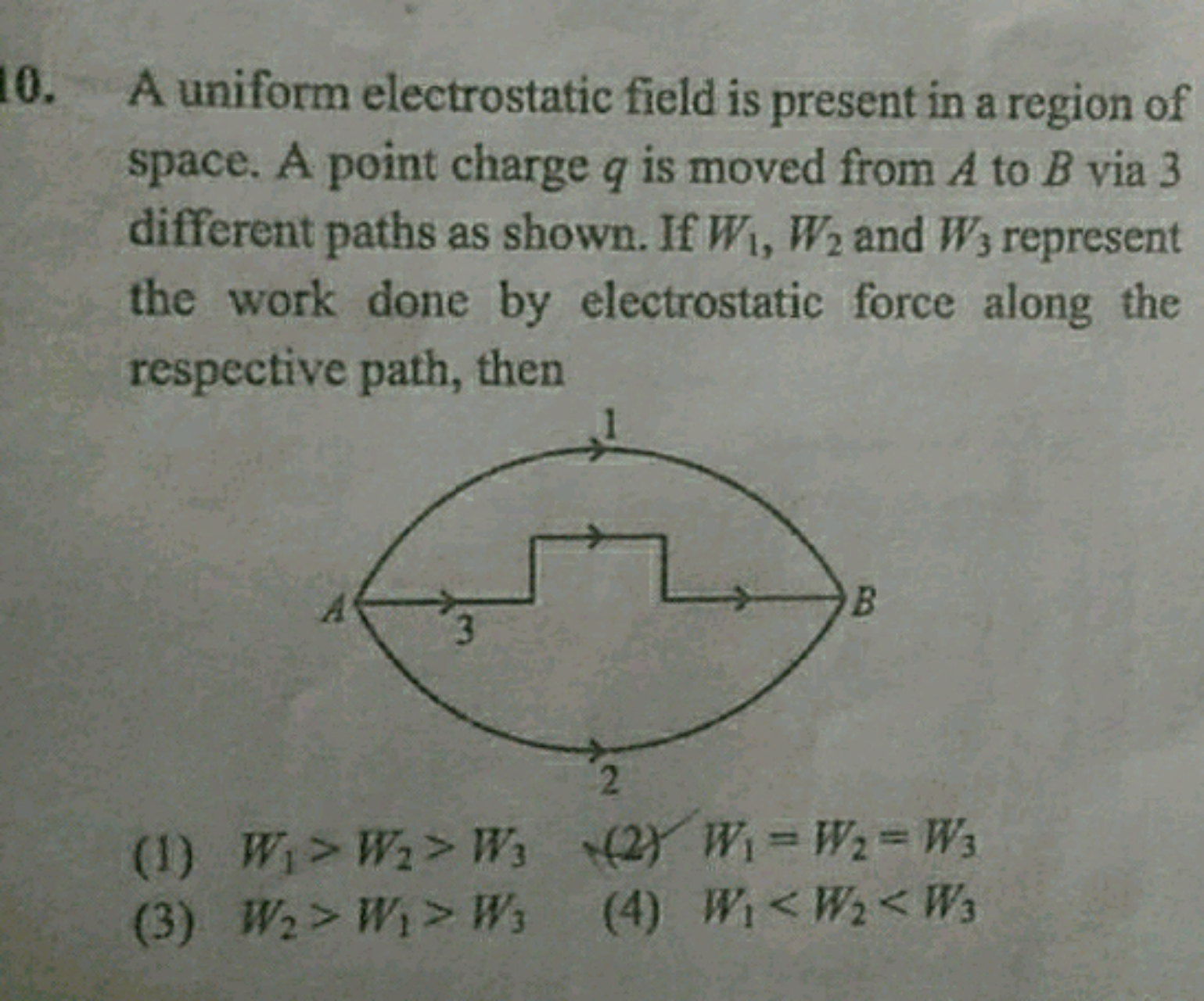 10. A uniform electrostatic field is present in a region of space. A p