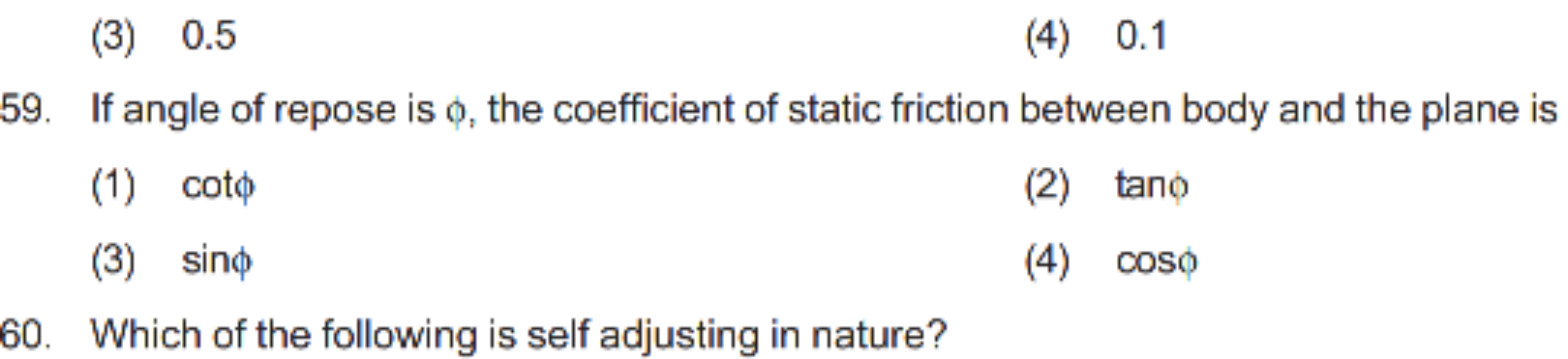 (3) 0.5
(4) 0.1
59. If angle of repose is ϕ, the coefficient of static