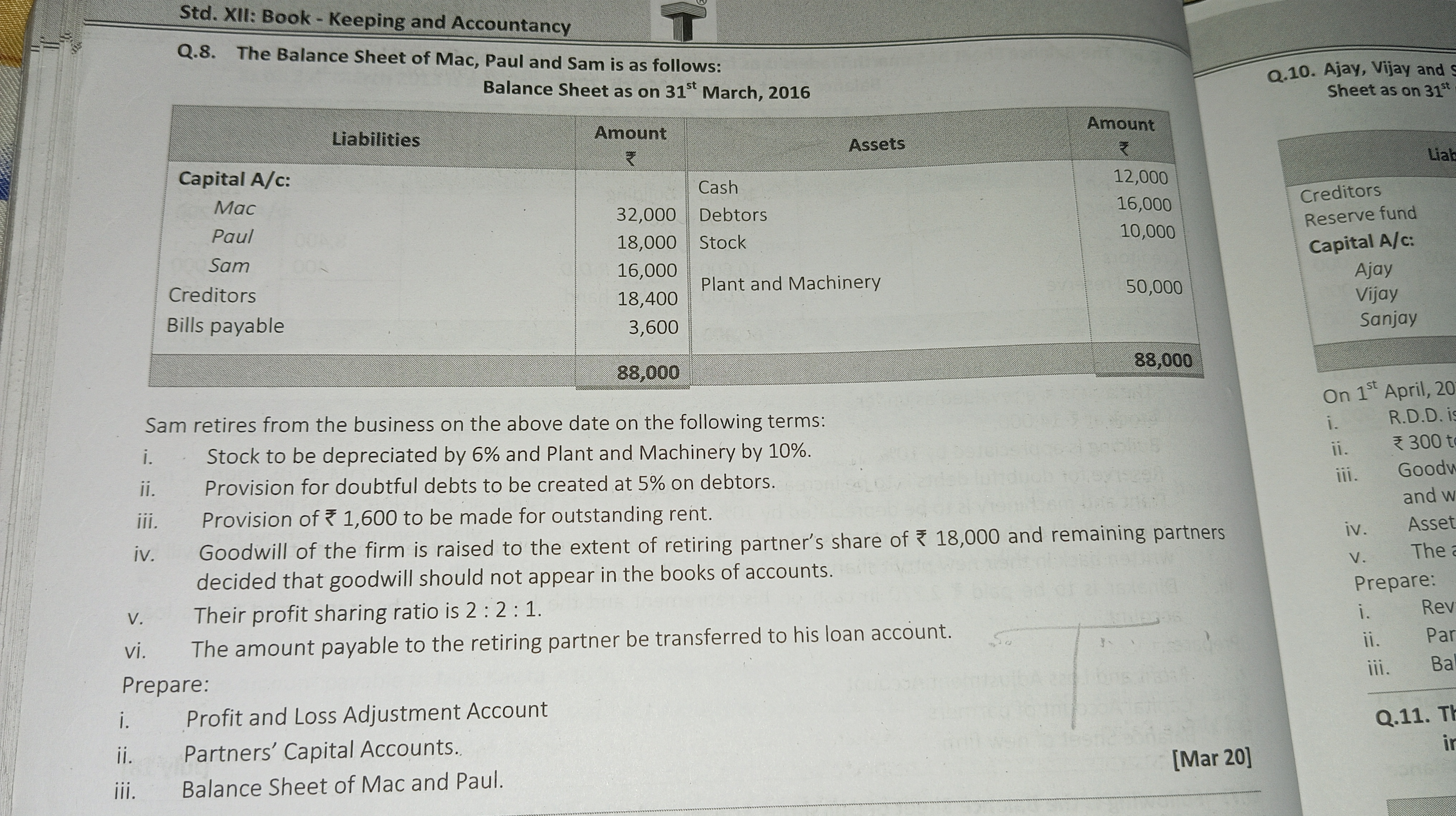 Std. XII: Book - Keeping and Accountancy
Q.8. The Balance Sheet of Mac