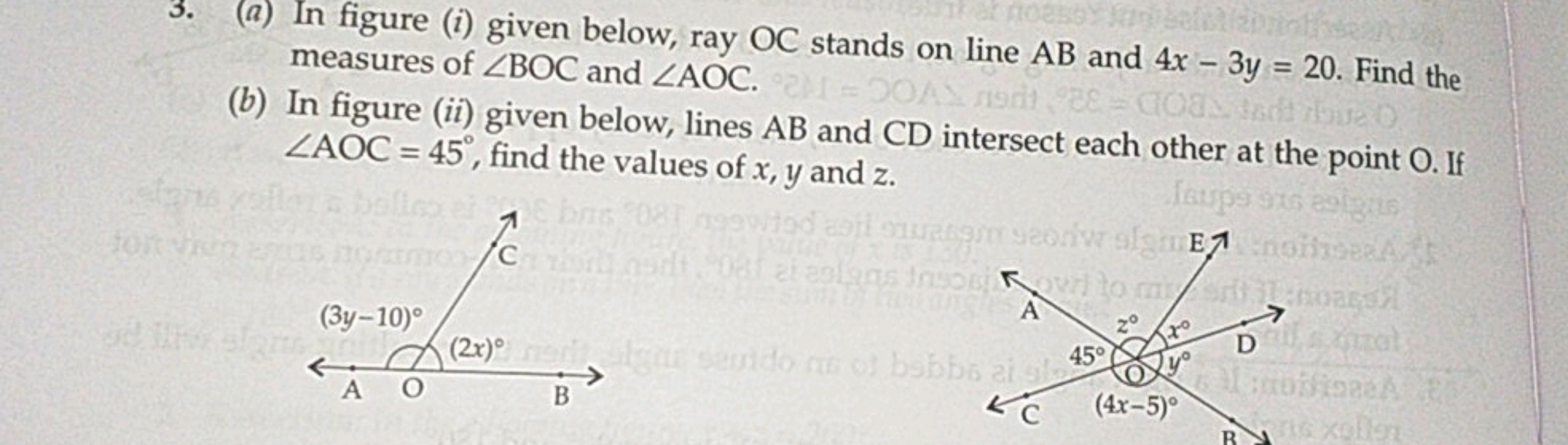 3. (a) In figure (i) given below, ray OC stands on line AB and 4x−3y=2