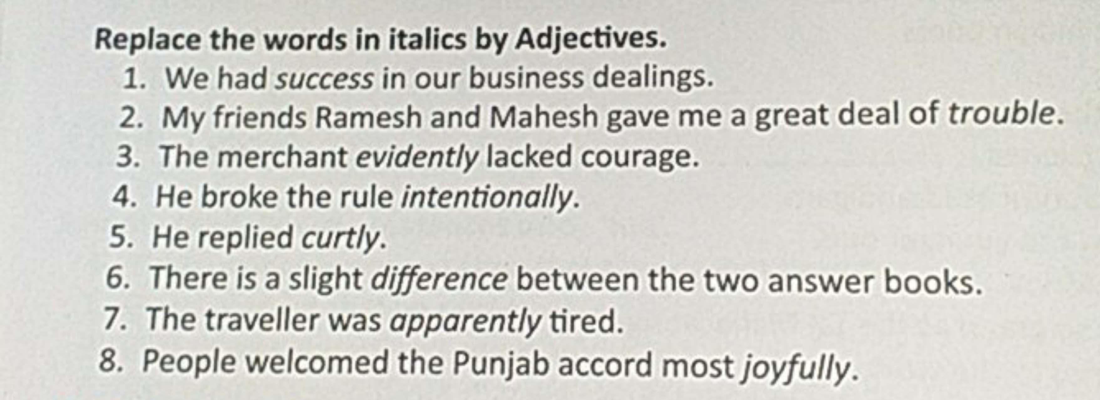 Replace the words in italics by Adjectives.
1. We had success in our b