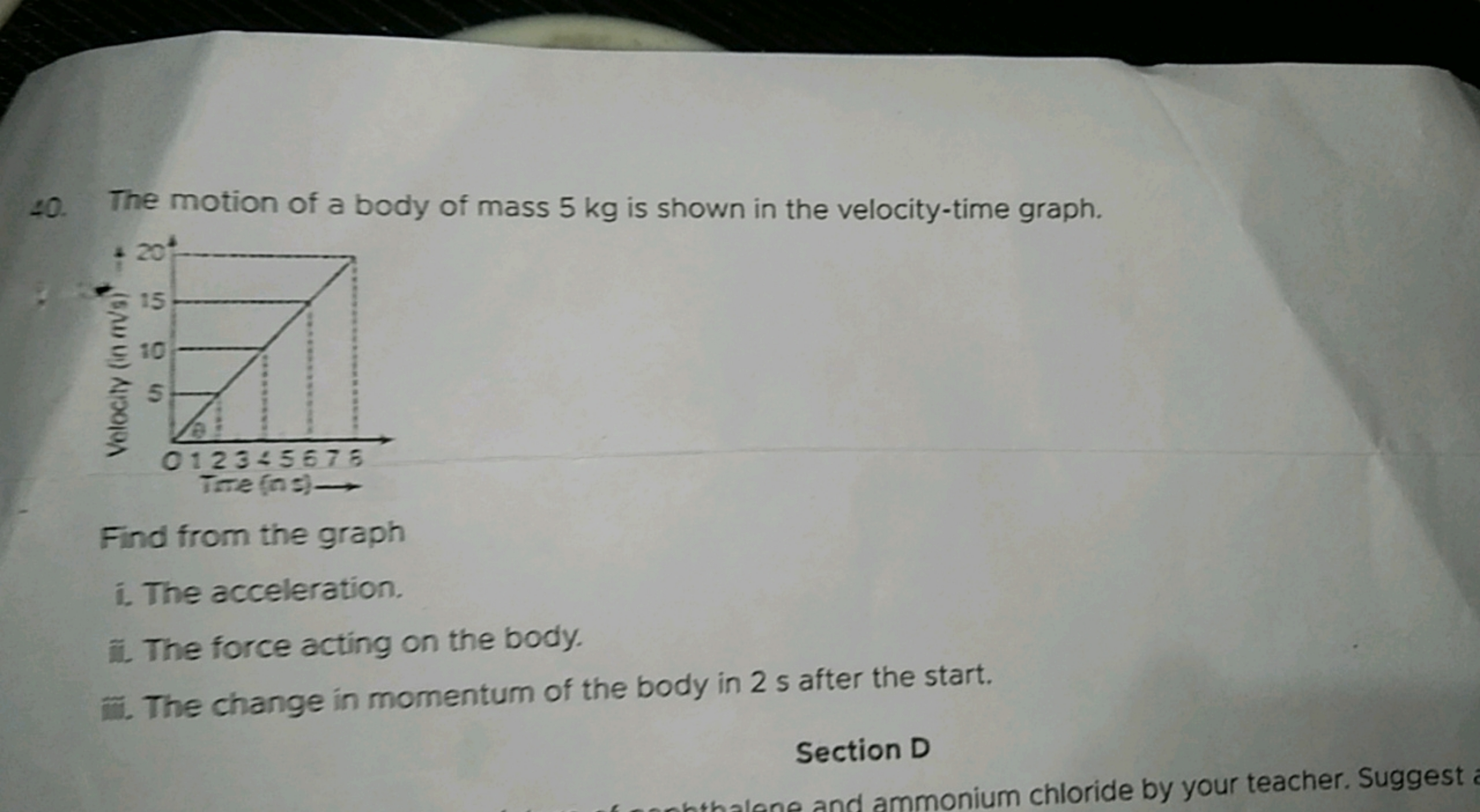 40. The motion of a body of mass 5 kg is shown in the velocity-time gr