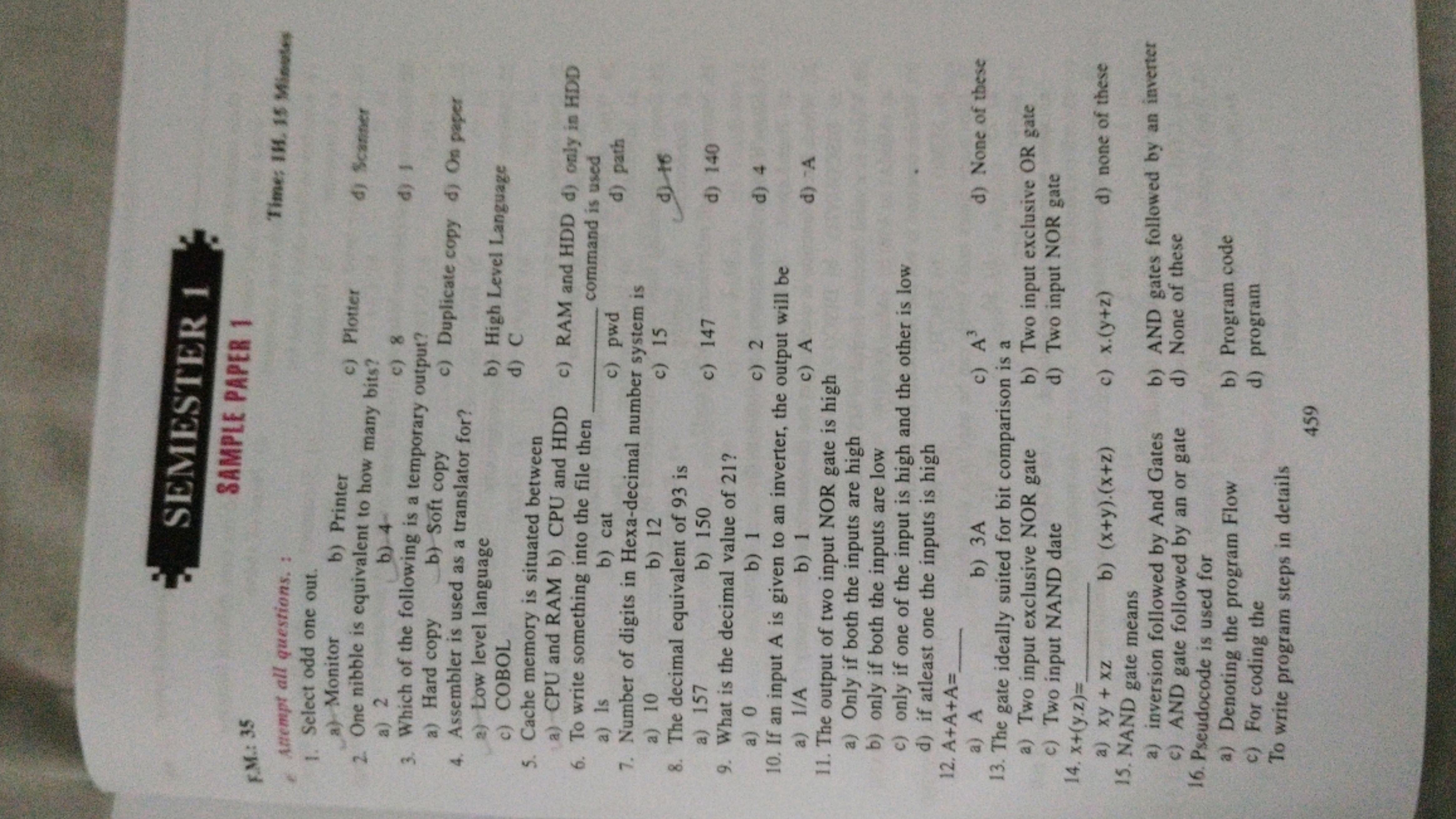 F.M.: 35
Attempt all questions. :
1. Select odd one out.
a) Monitor
SE