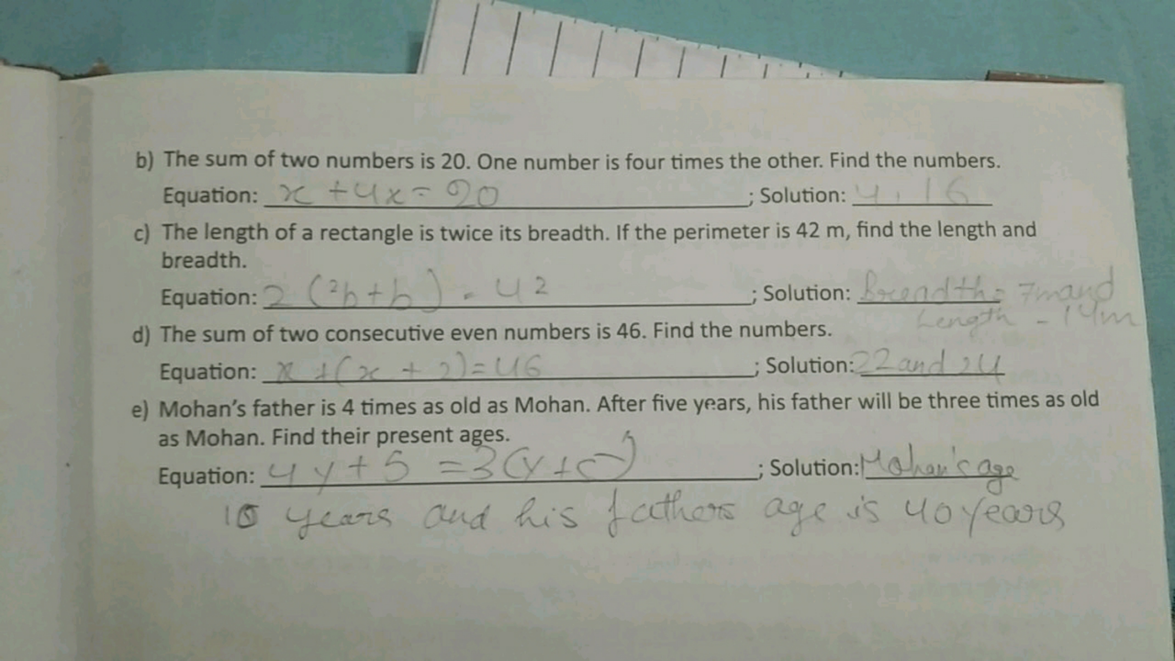 b) The sum of two numbers is 20 . One number is four times the other. 