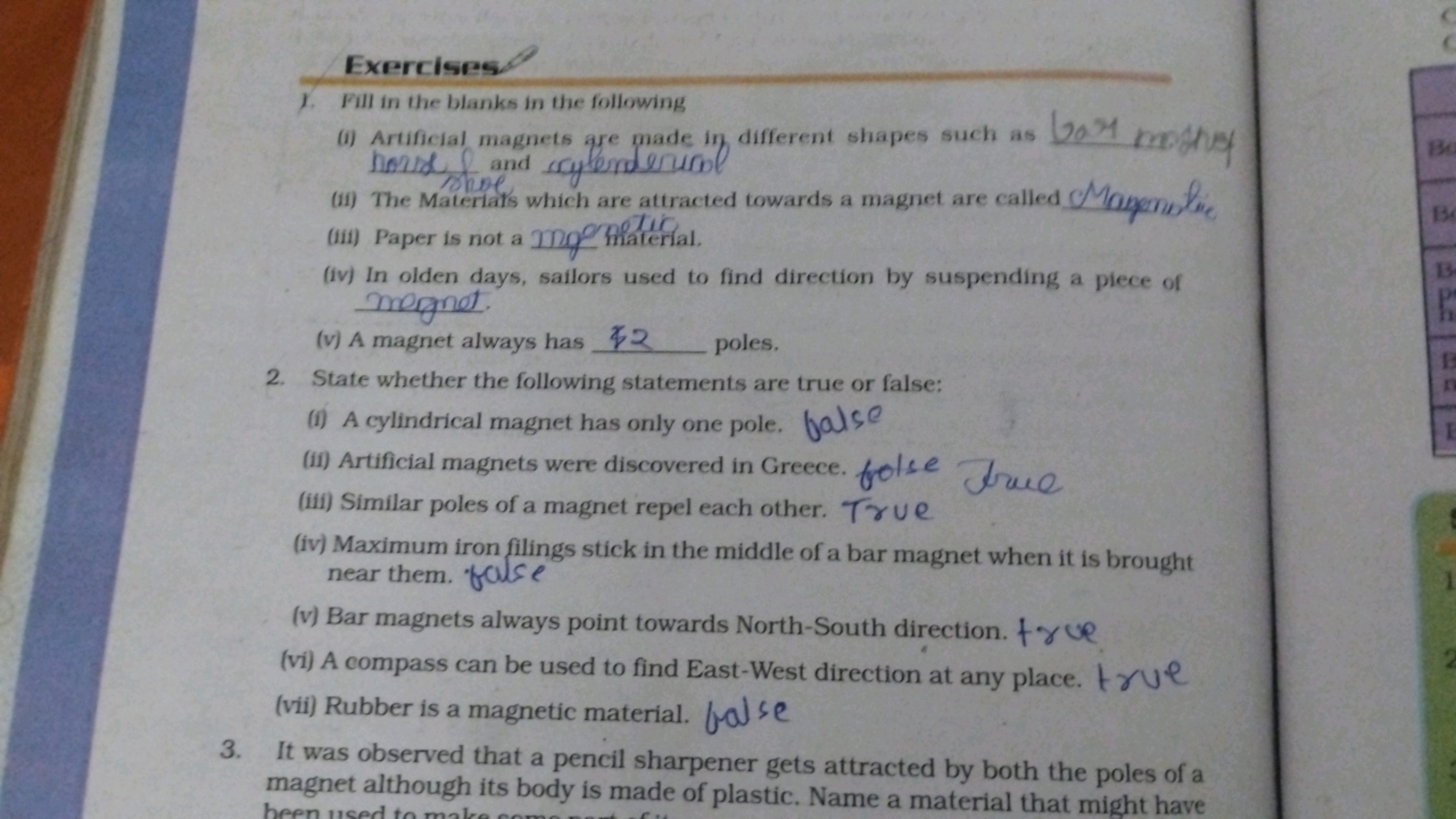 Exercises
1. Fill in the blanks in the following
(i) Artificial magnet