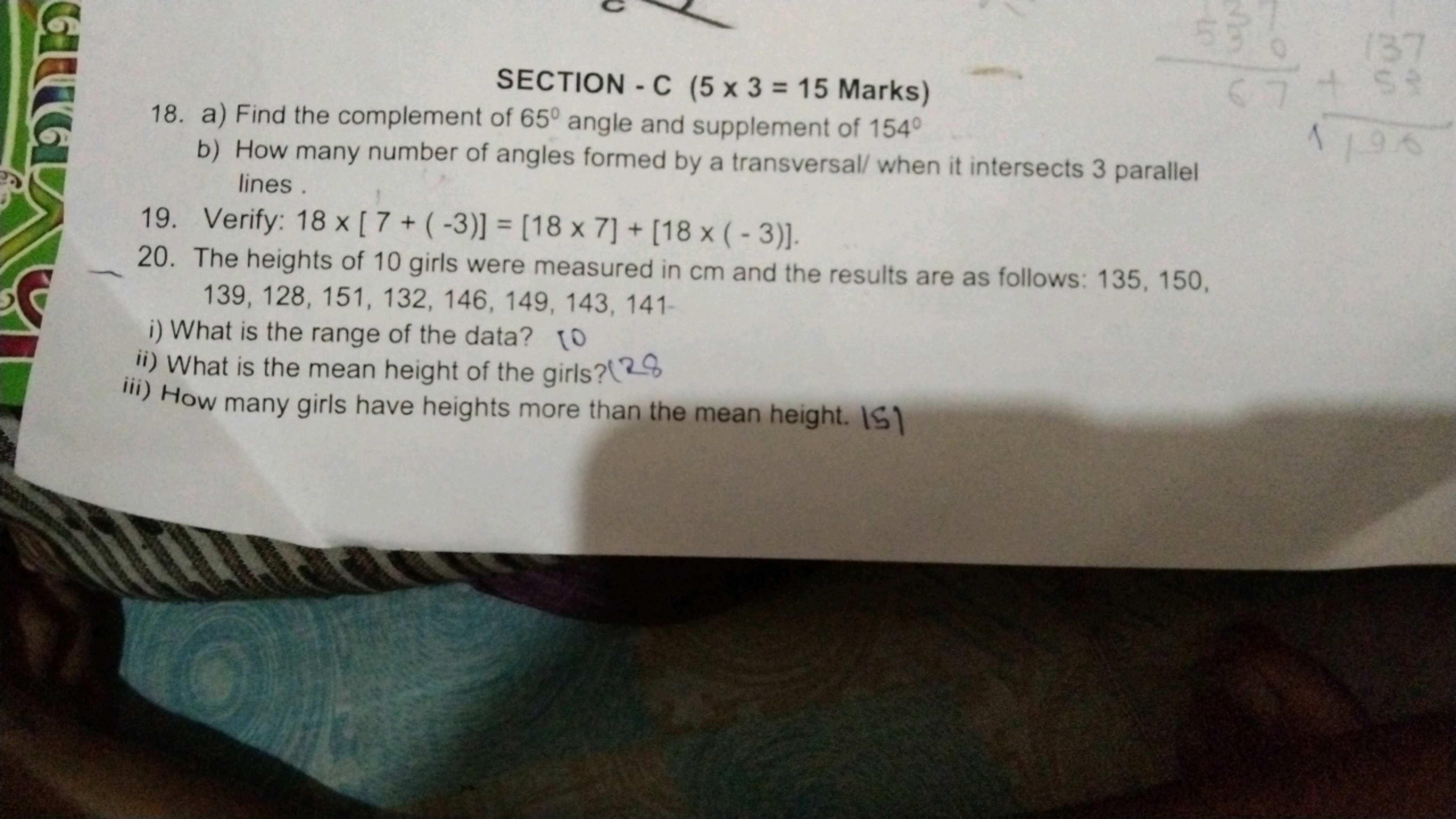 SECTION - C (5×3=15 Marks )
18. a) Find the complement of 65∘ angle an