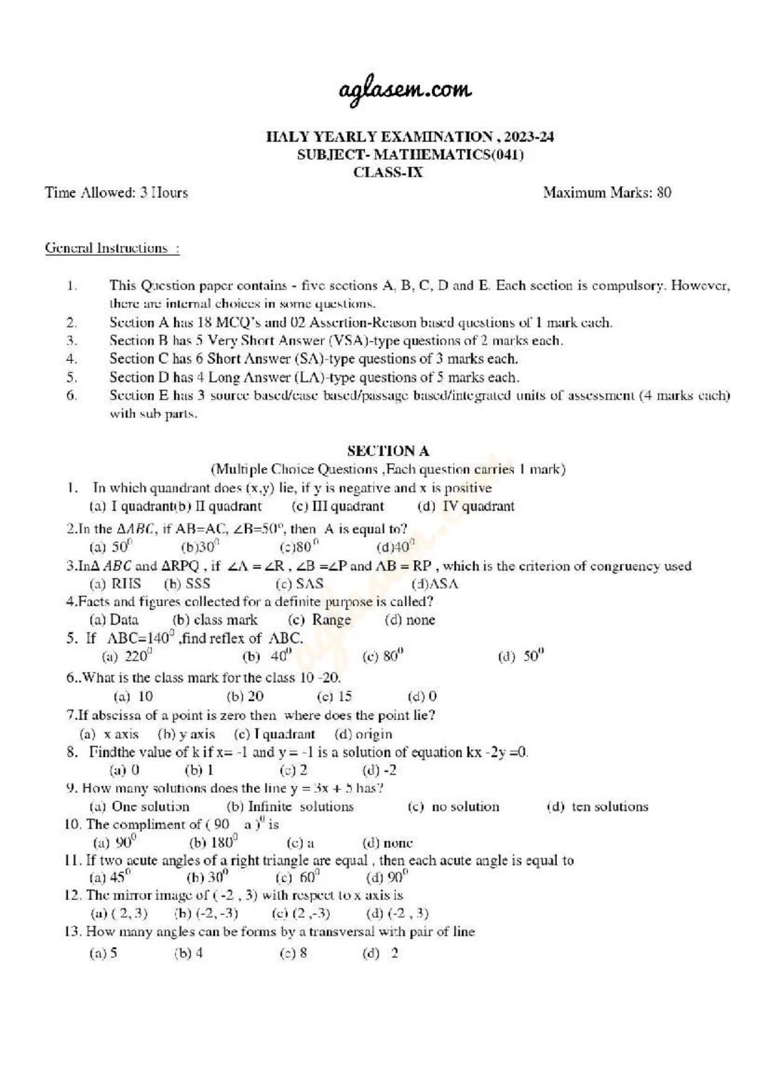 aglasem.com
ILALY YEARLY EXAMINATION, 2023-24 SUB.JECT- MATIEMATICS(04