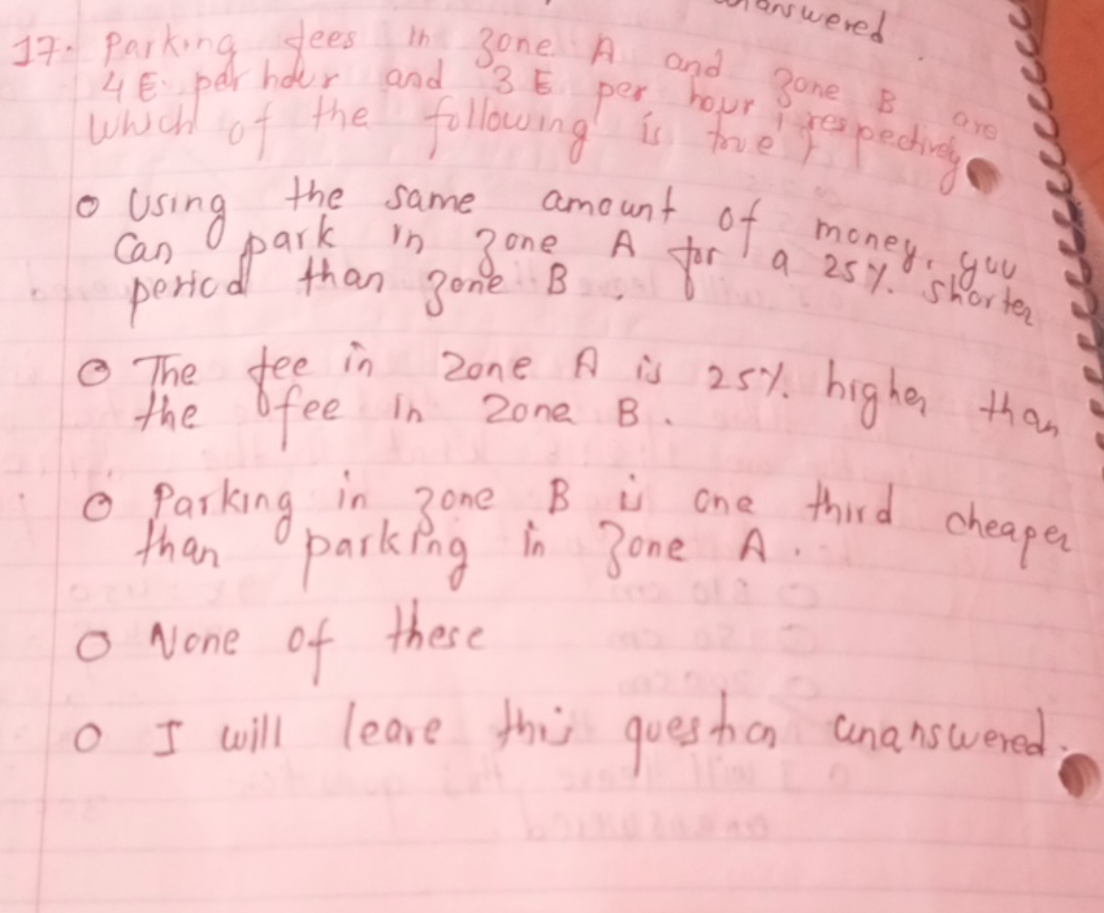 17. Parking fees in zone A and 3 one 4 E per hour and 3 E per hour one