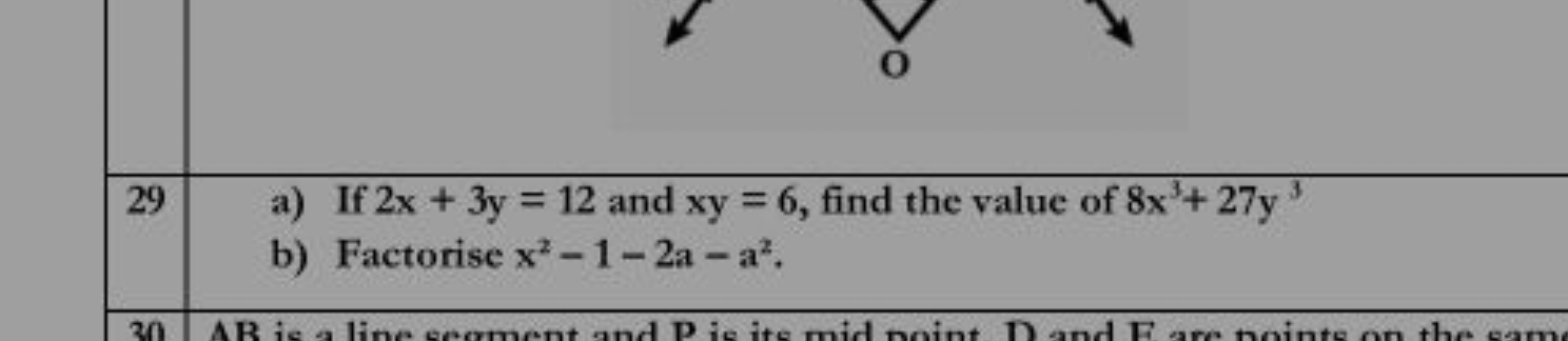 29
a) If 2x+3y=12 and xy=6, find the value of 8x3+27y3
b) Factorise x2