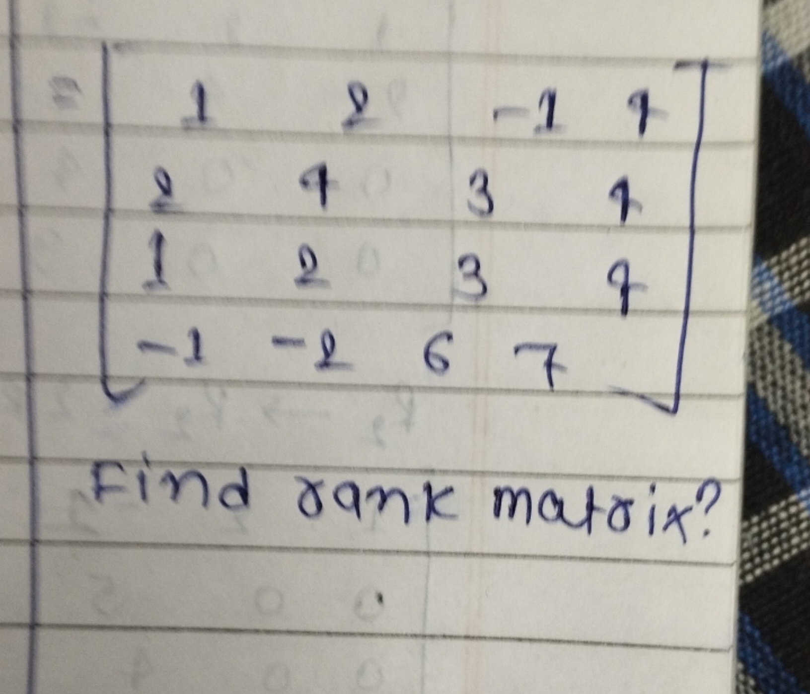 \[
\left[ \begin{array} { c c c c } 
1 & 2 & - 1 & 4 \\
2 & 4 & 3 & 4 