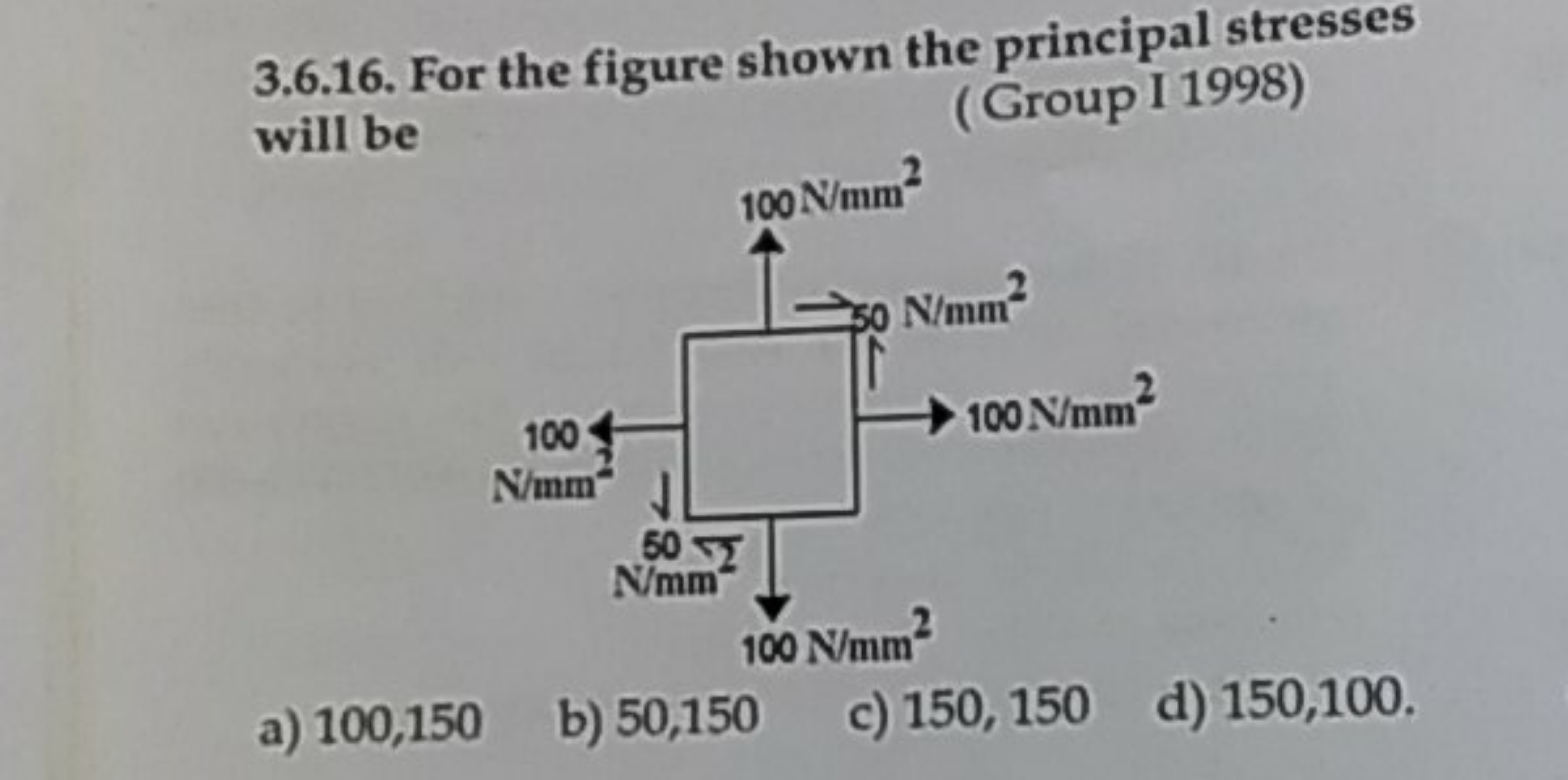 3.6.16. For the figure shown the principal stresses
(Group I 1998) wil