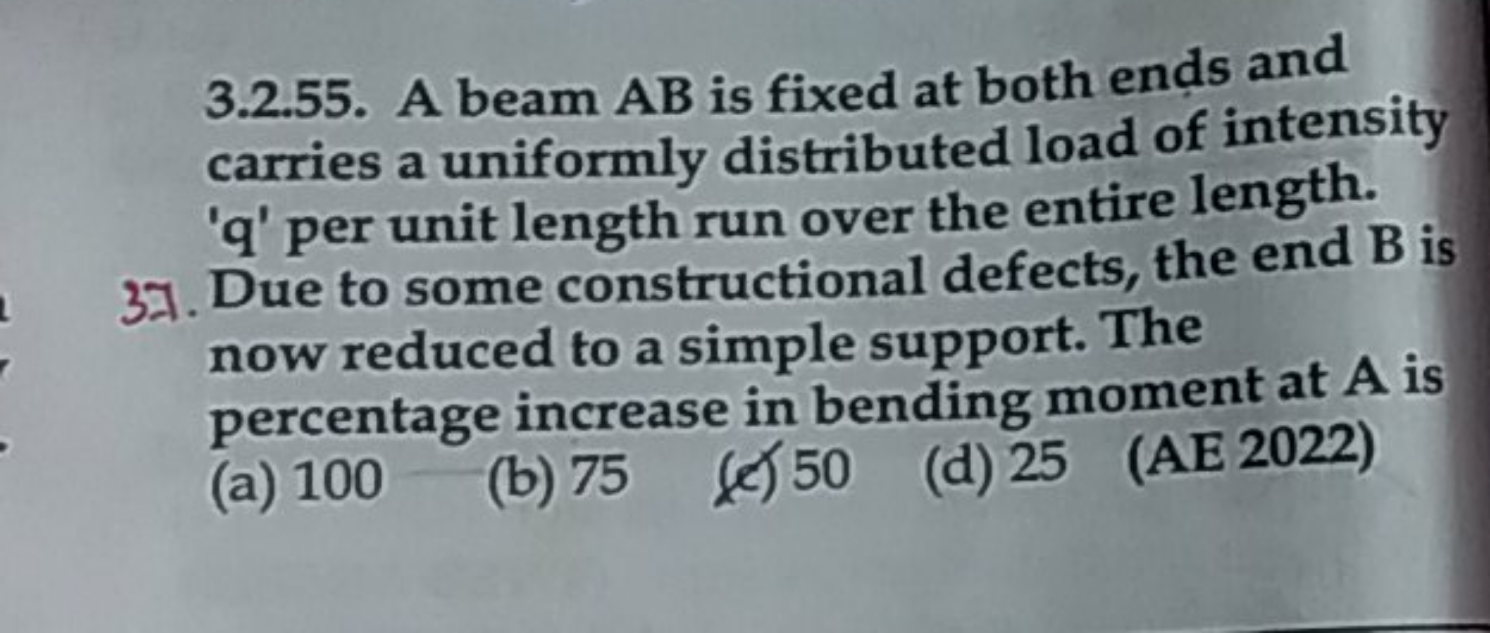 3.2.55. A beam AB is fixed at both ends and carries a uniformly distri