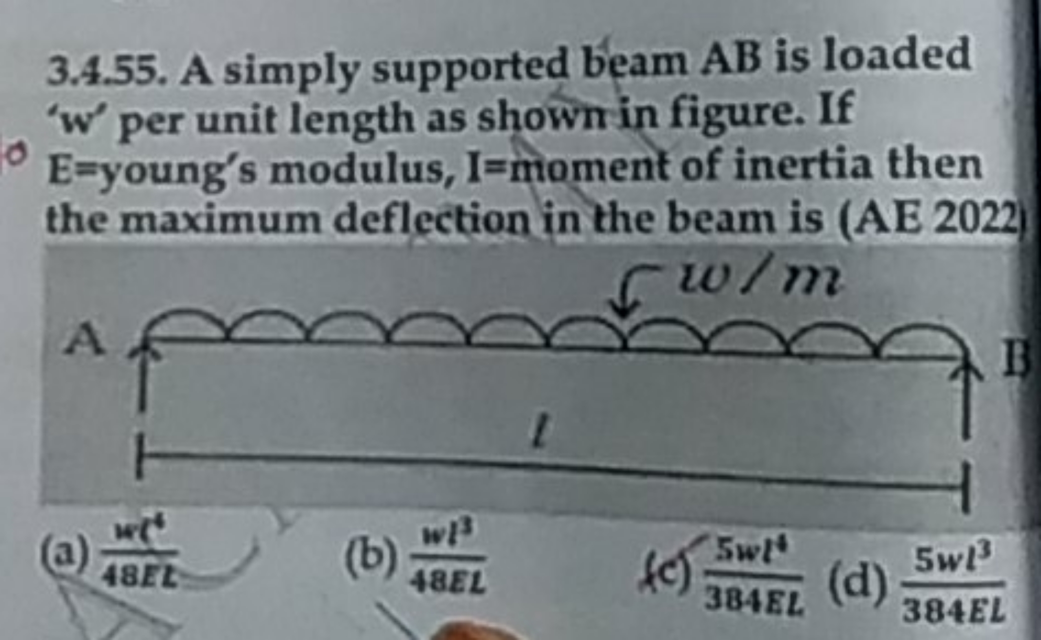 3.4.55. A simply supported beam AB is loaded ' ′ ' per unit length as 