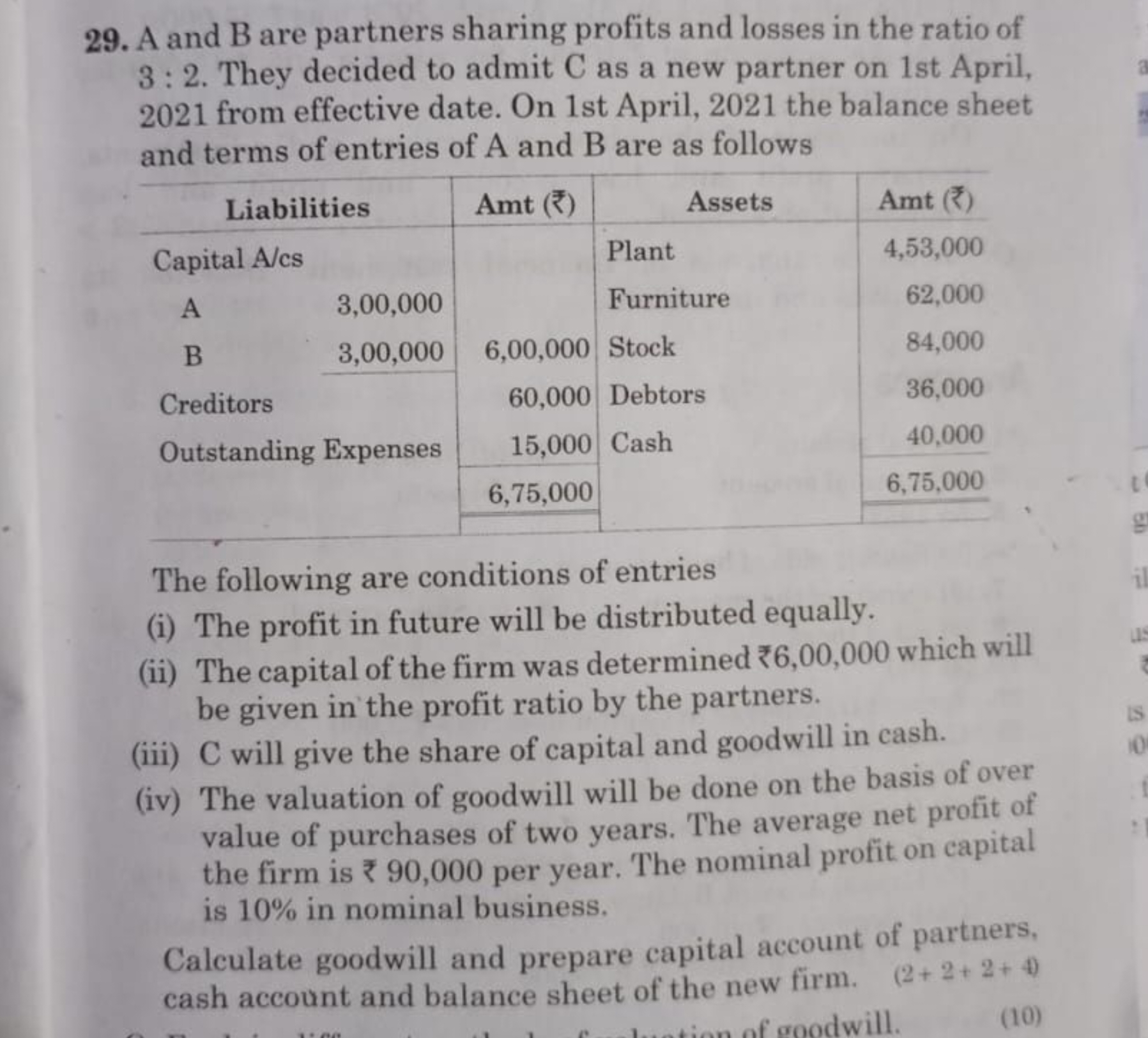 29. A and B are partners sharing profits and losses in the ratio of 3: