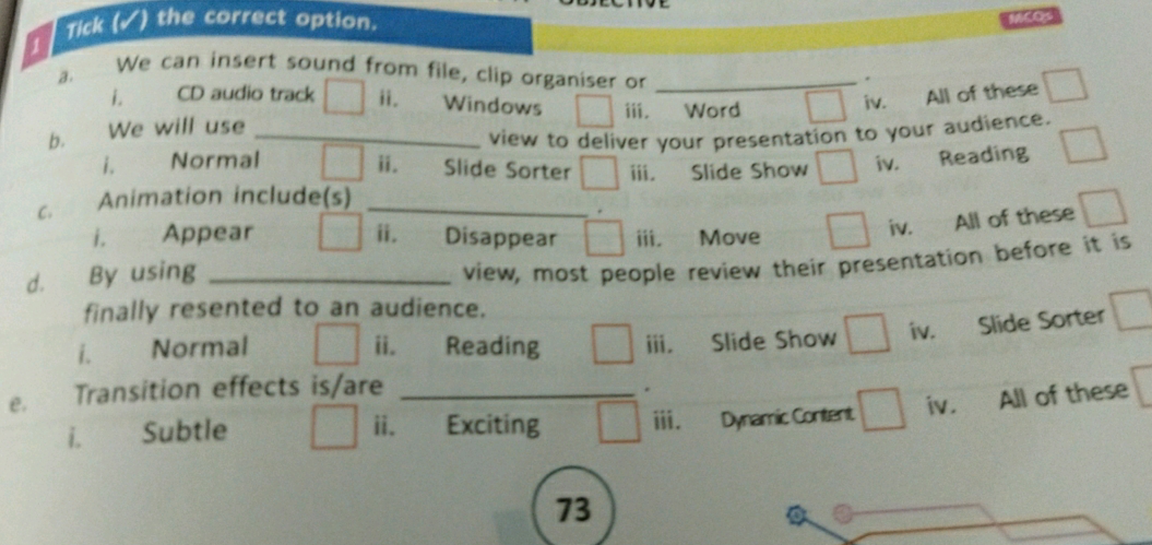 Tick (V) the correct option.
3. We can insert sound from file, clip or