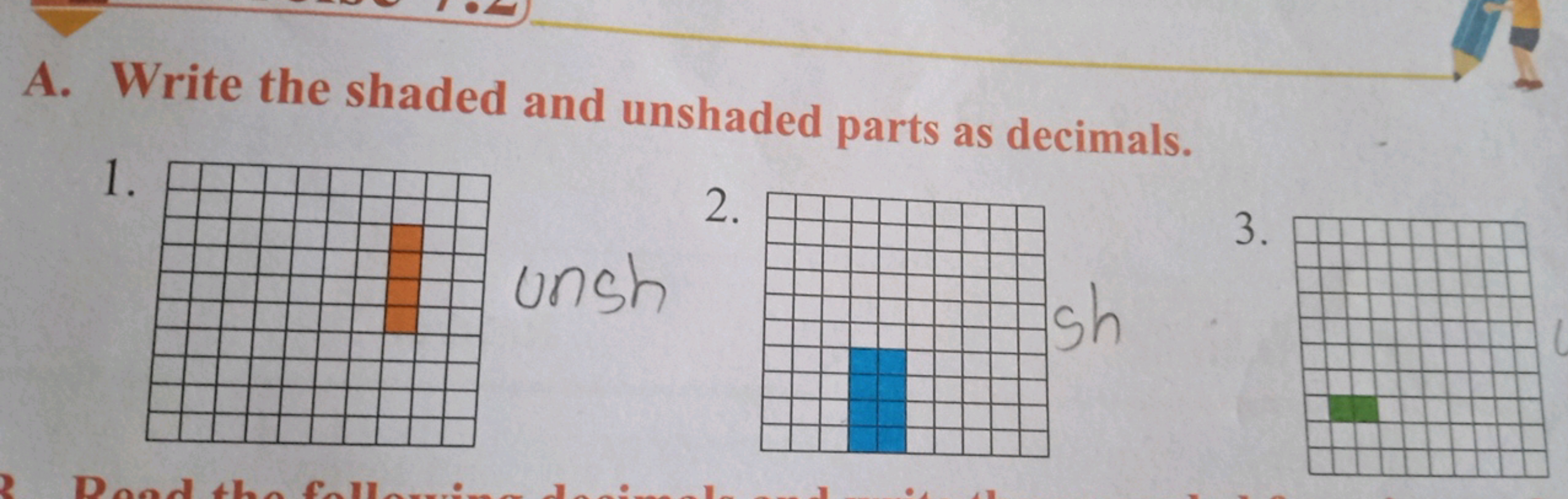 A. Write the shaded and unshaded parts as decimals.
1.
2.
3.