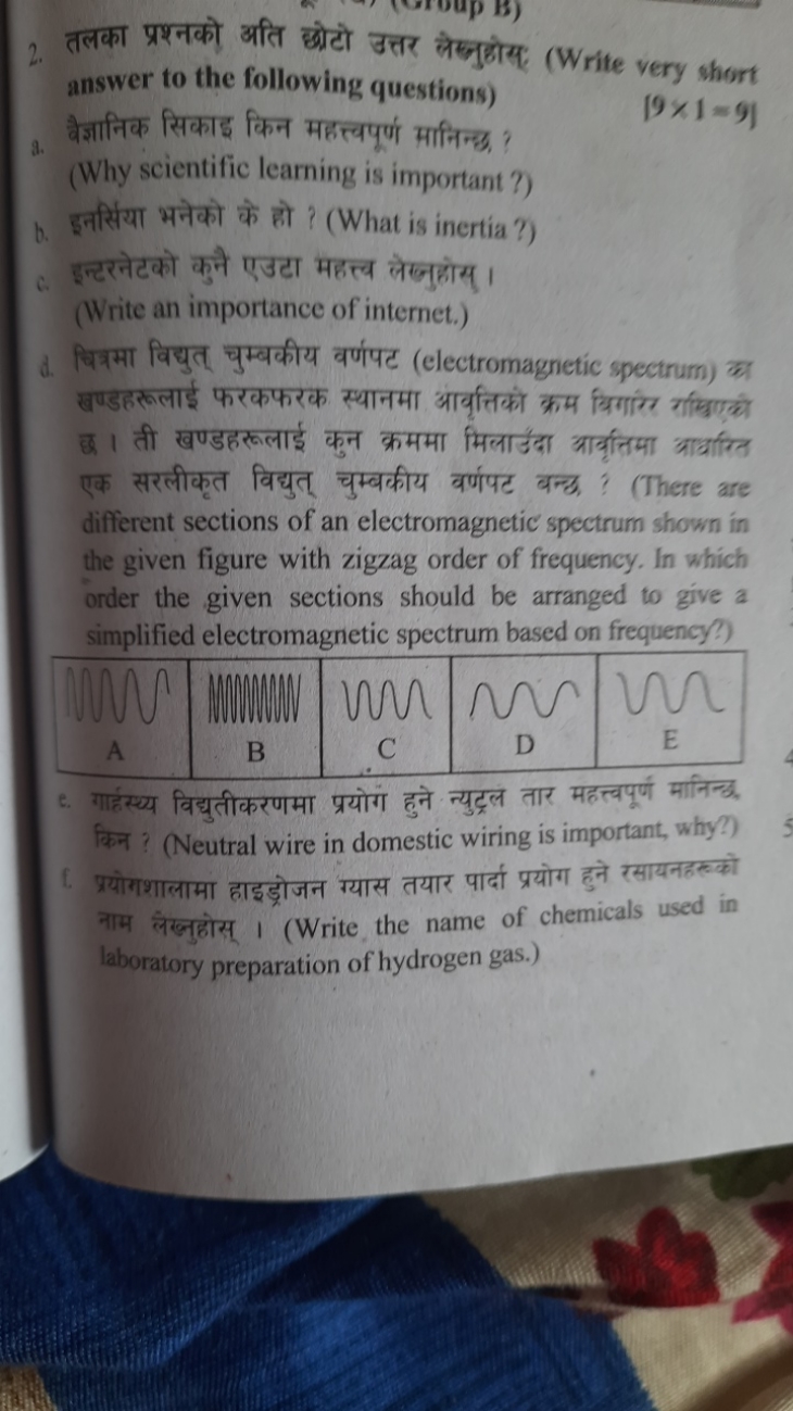 2. तलका प्रश्नको अति छोटो उत्तर लेखनुहोस् (Write very short answer to 