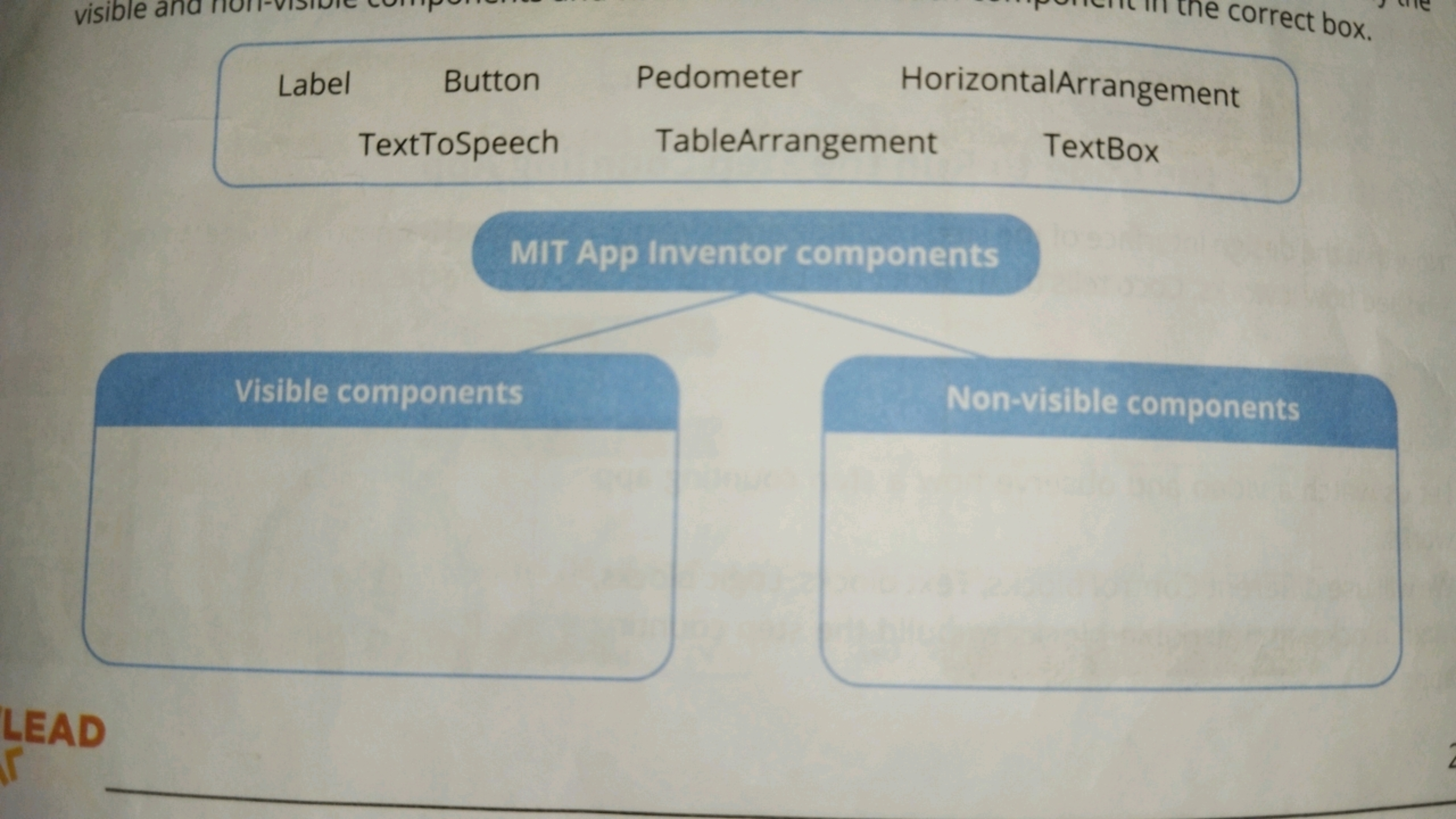 the correct box.
Label
Button
Pedometer
HorizontalArrangement
TextToSp