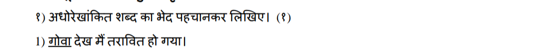 १) अधोरेखांकित शब्द का भेद पहचानकर लिखिए। (१)
1) गोवा देख मैं तरावित ह