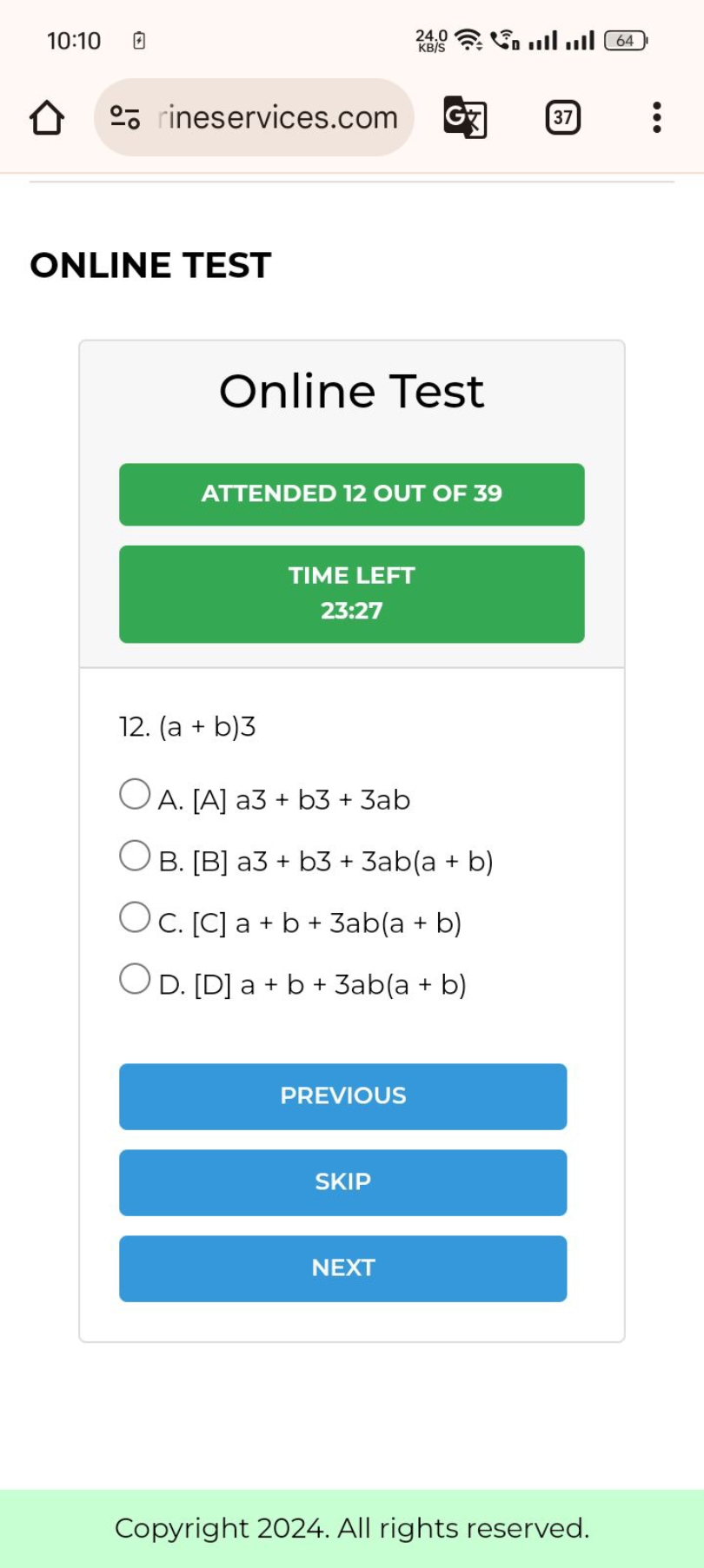 10:10
64
o- ineservices.com G-
37

ONLINE TEST

Online Test

ATTENDED 