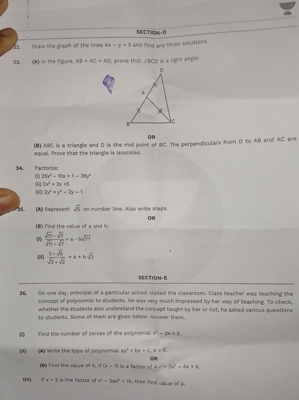 SECTION-D
32. Draw the graph of the lines 4x−y=5 and find any three so