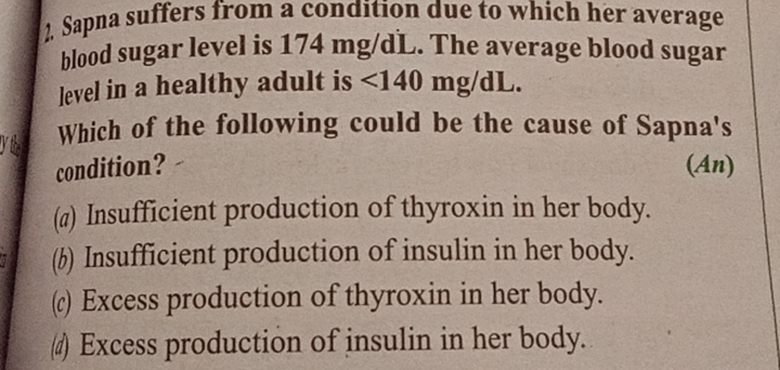 2. Sapna suffers from a condition due to which her average blood sugar