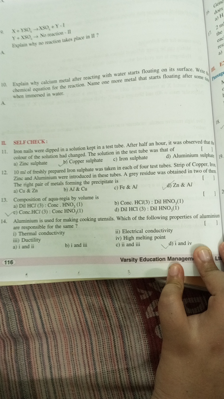 Q. X+ZSO4​→XSO4​+Y−1
y+XSO2​→ No reaction - 11
Explain why no reaction