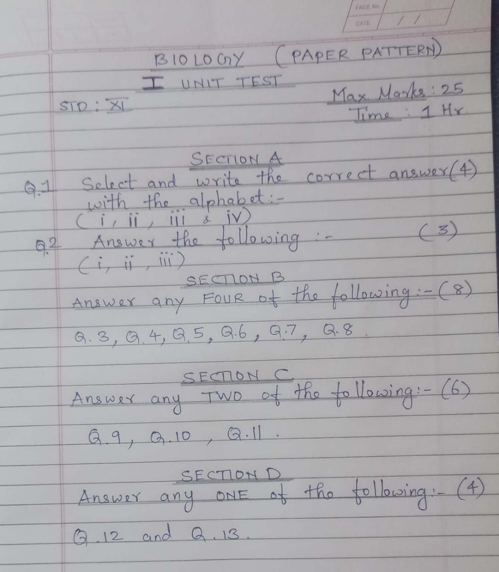 BIOLOGY (PAPER PATTERN)
I UNIT TEST
STD: x1​
Max Marks: 25
 Time 1Hr

