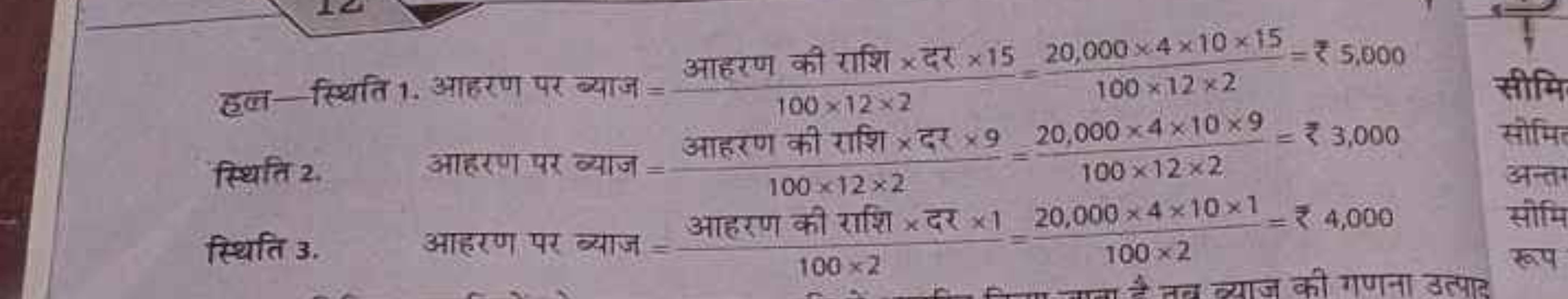 हल-स्थिति 1. आहरण पर ब्याज =100×12×2 आहरण की राशि × दर ×15​=100×12×220