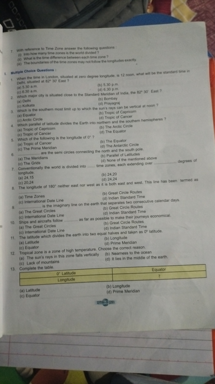 7. With reference to Time Zone answer the following questions :
(i) In