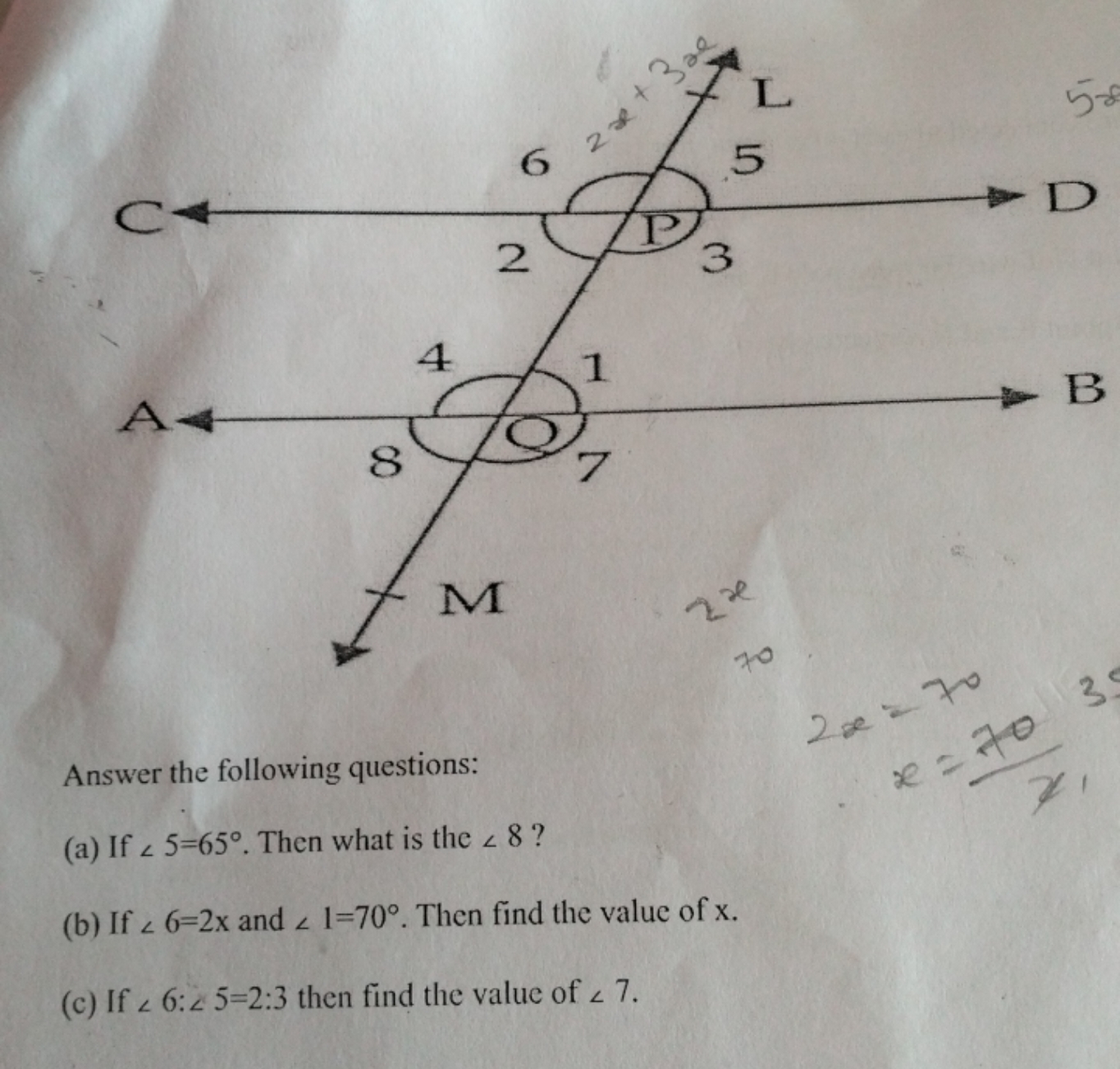 Answer the following questions:
(a) If ∠5=65∘. Then what is the ∠8 ?
(