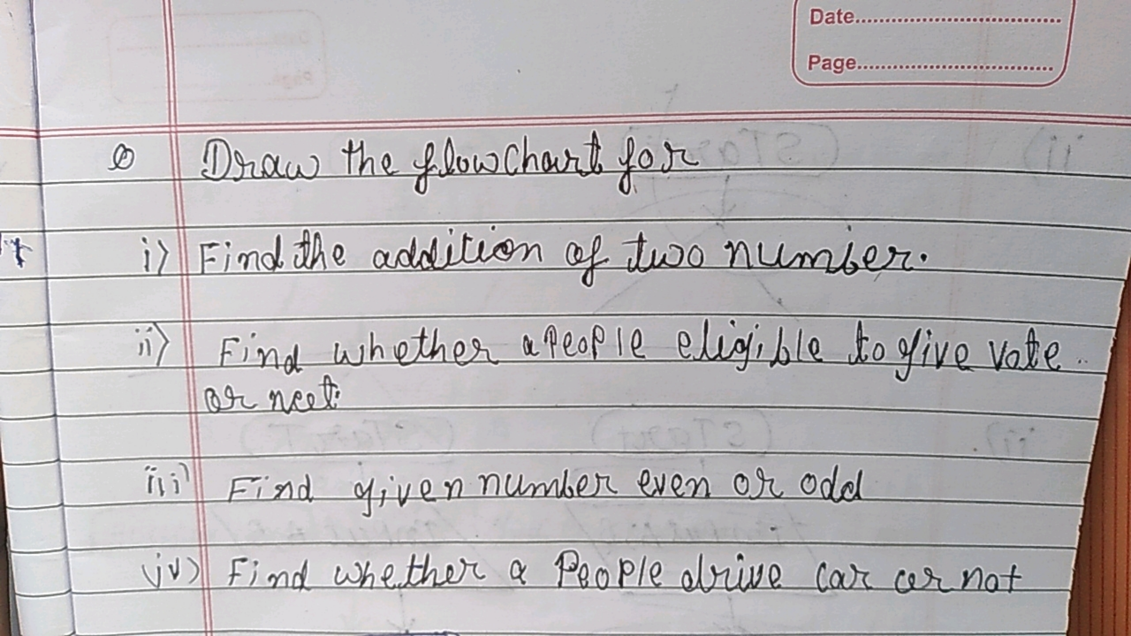 Date
Page.
- Draw the flowchart for
i) Find the addition of two number