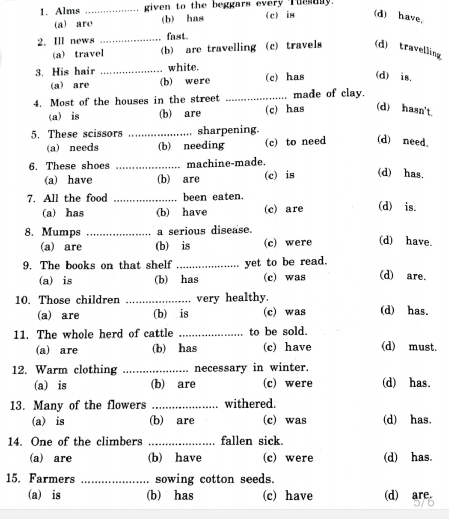 1. Alms  given to the beggars every
(a) are
(b) has
(c) is
(d) have.
2