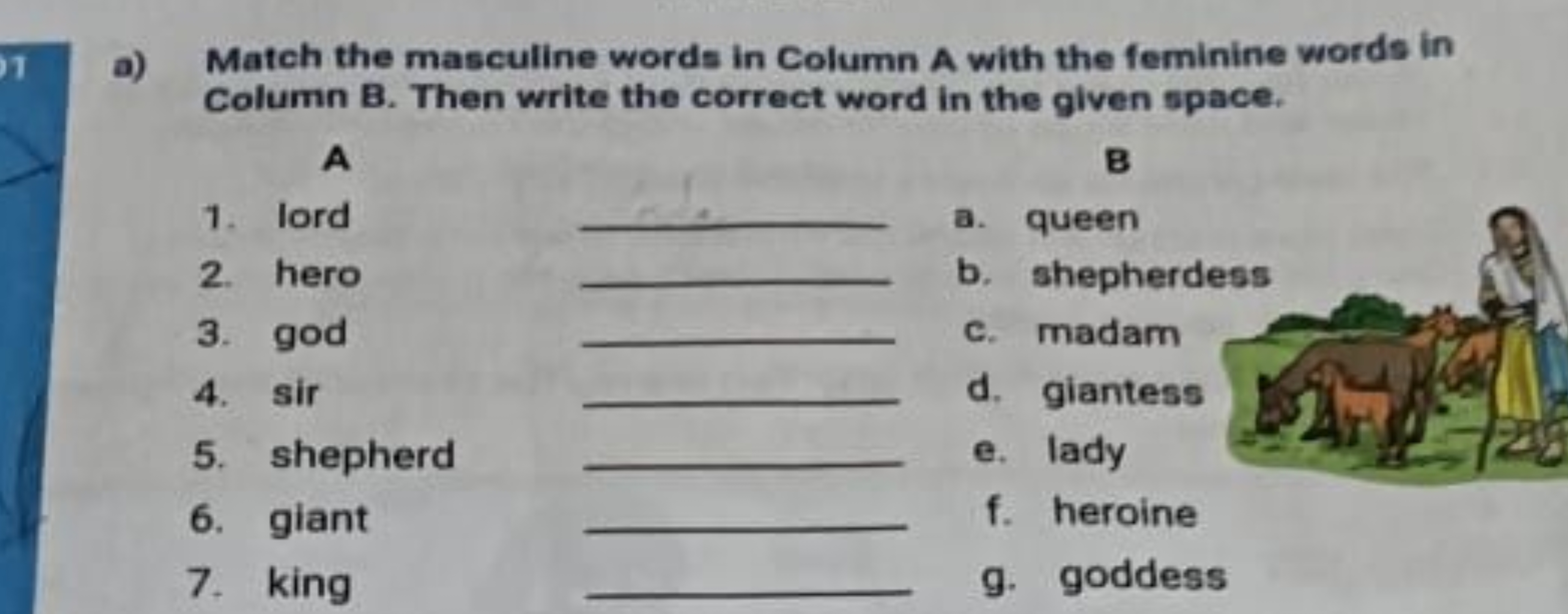 a) Match the masculine words in Column A with the feminine words in Co