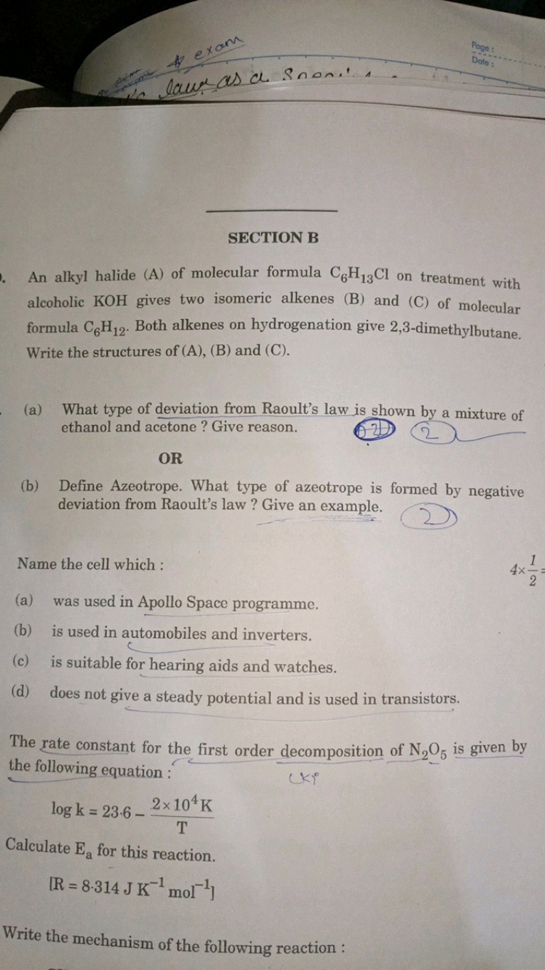 SECTION B
An alkyl halide (A) of molecular formula C6​H13​Cl on treatm