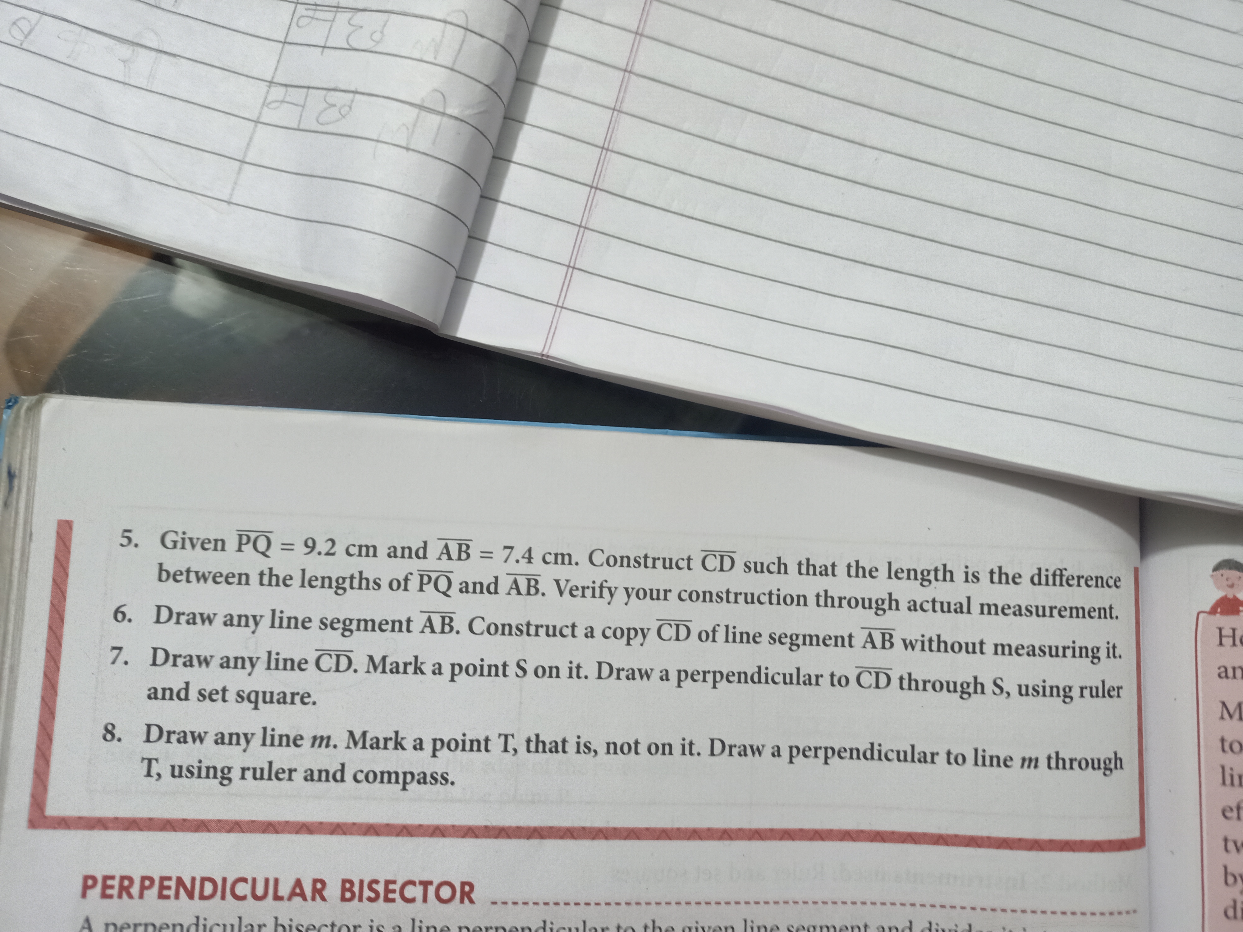 5. Given PQ​=9.2 cm and AB=7.4 cm. Construct CD such that the length i