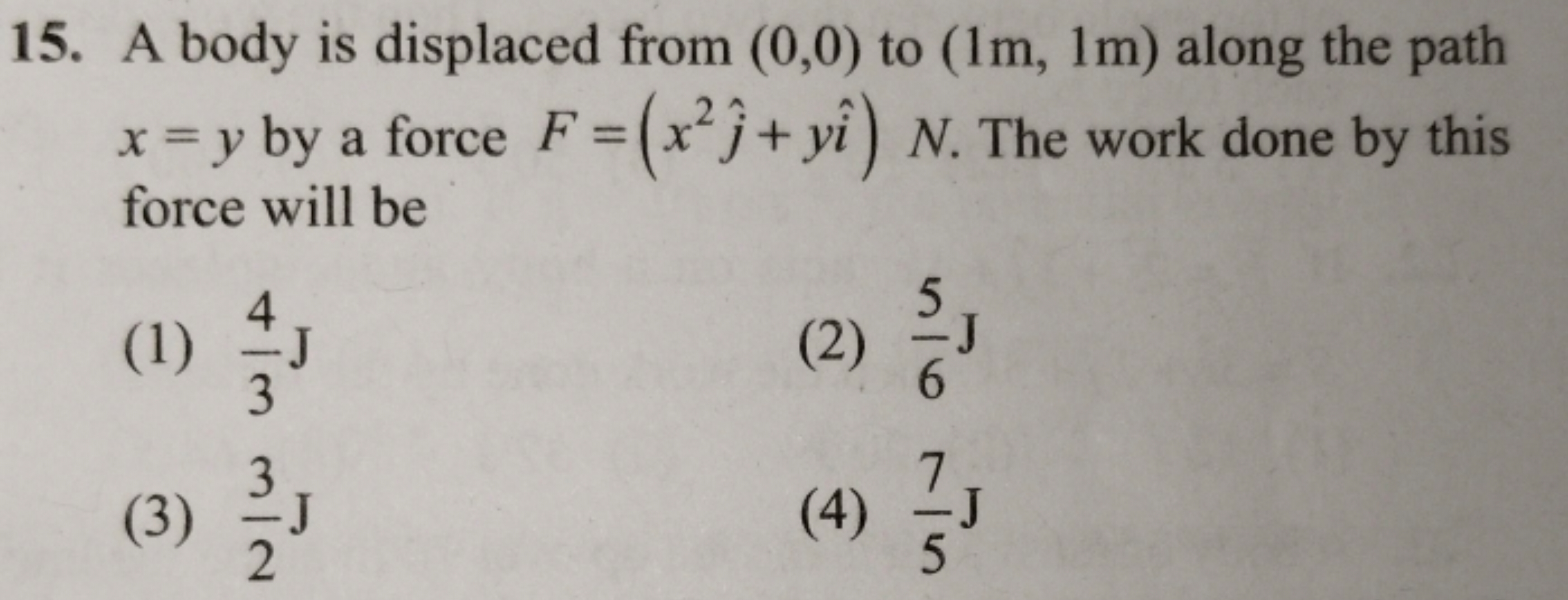 15. A body is displaced from (0,0) to (1 m,1 m) along the path x=y by 