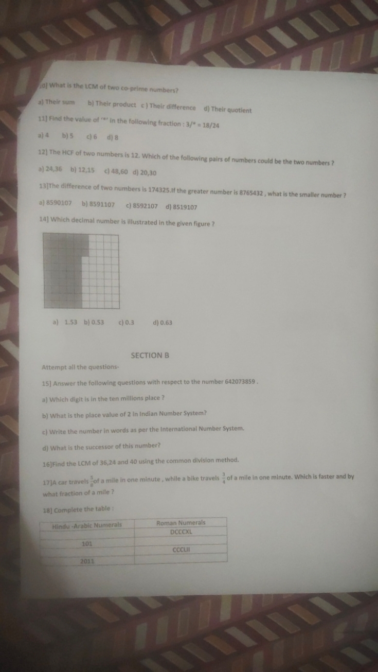 (1) What is the LCM of two co-prime numbers?
a) Their sum
b) Their pro