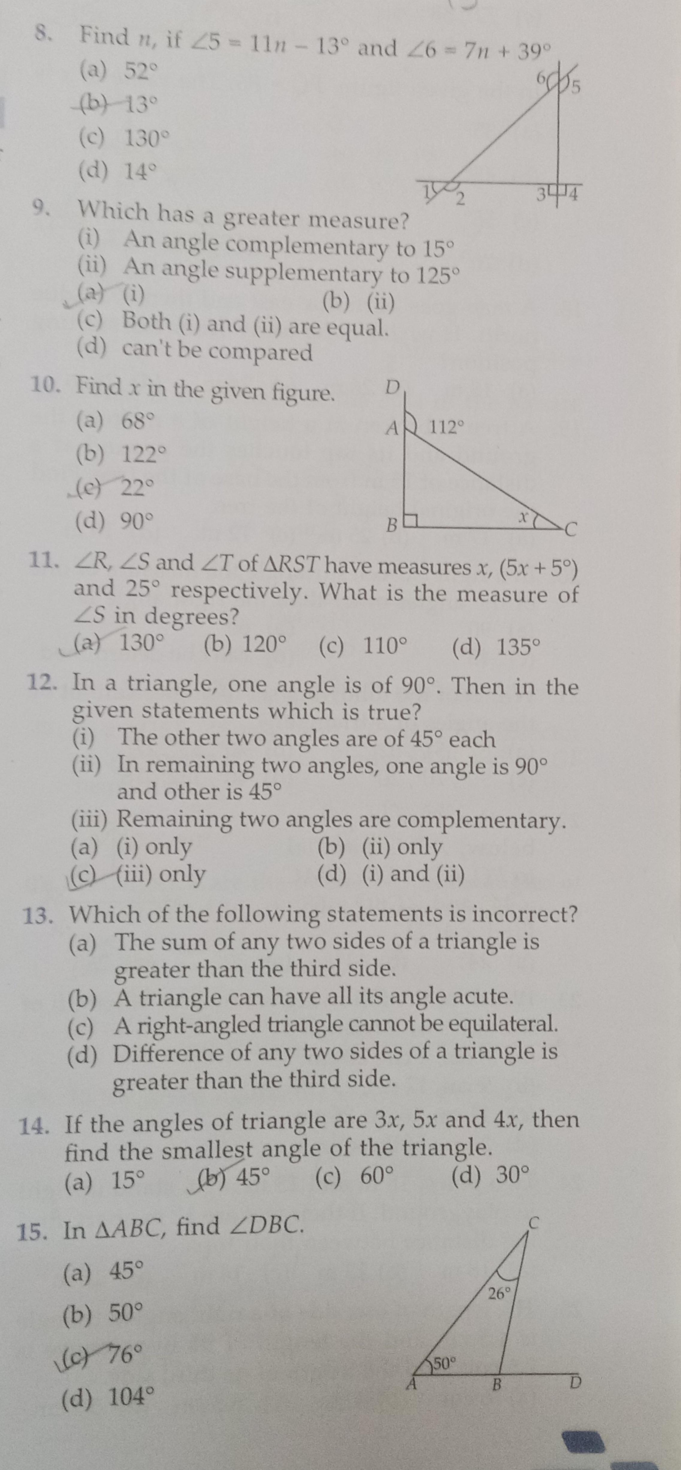 8. Find n, if ∠5=11n−13∘ and ∠6=7n+39∘
(a) 52∘
(b) 13∘
(c) 130∘
(d) 14