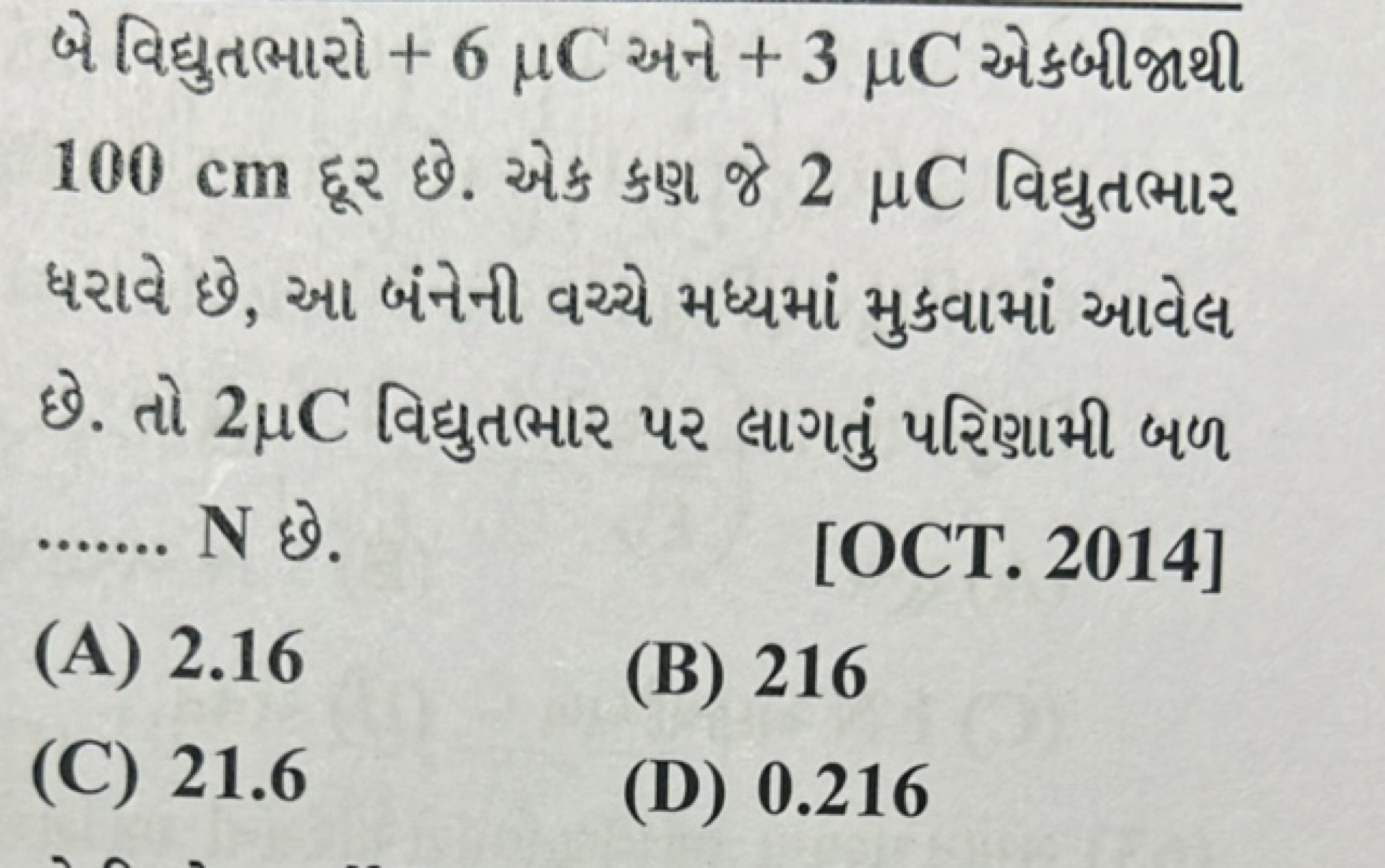 બે વિદ્યુતભારો +6μC અને +3μC એકબીજાથી 100 cm દूર छે. એક કણ જે 2μC विद्