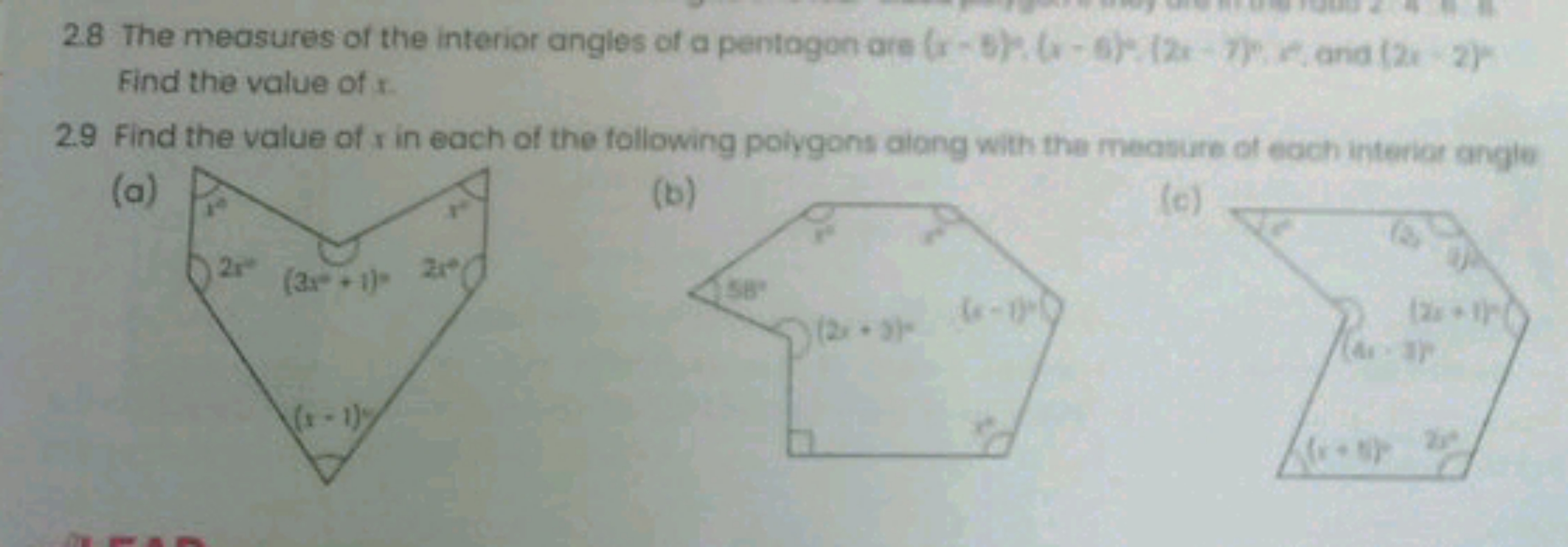 2.8 The measures of the interior angles of a pentogon are (x−5)=(x−8)=